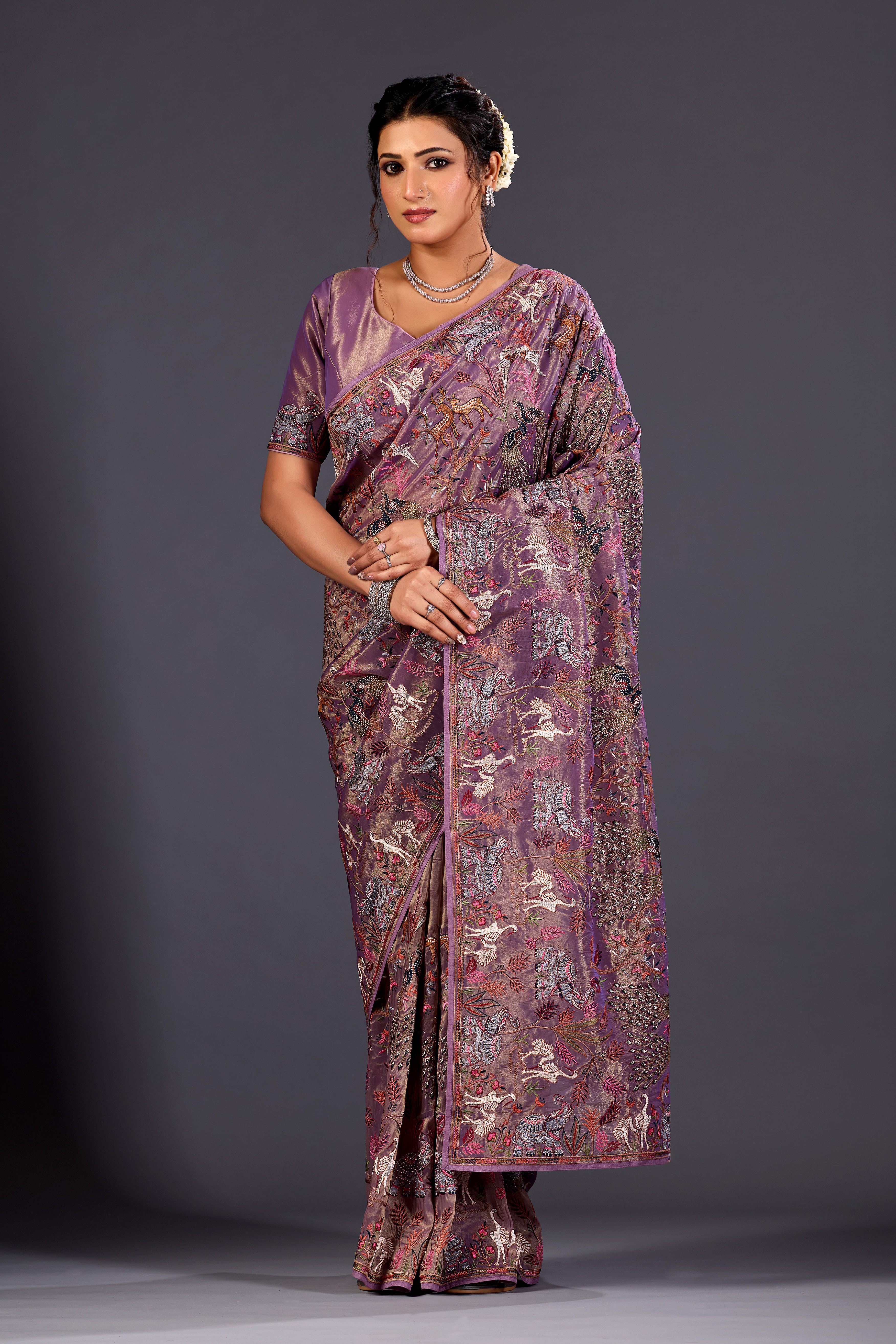lilac Giraffe Woven Saree With Nature Motif Embrodiery