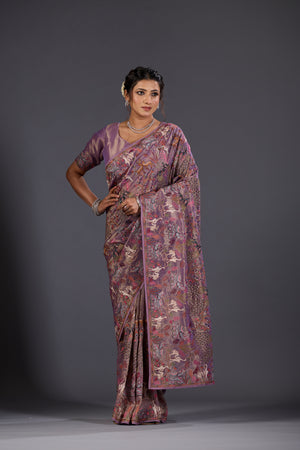 lilac Giraffe Woven Saree With Nature Motif Embrodiery