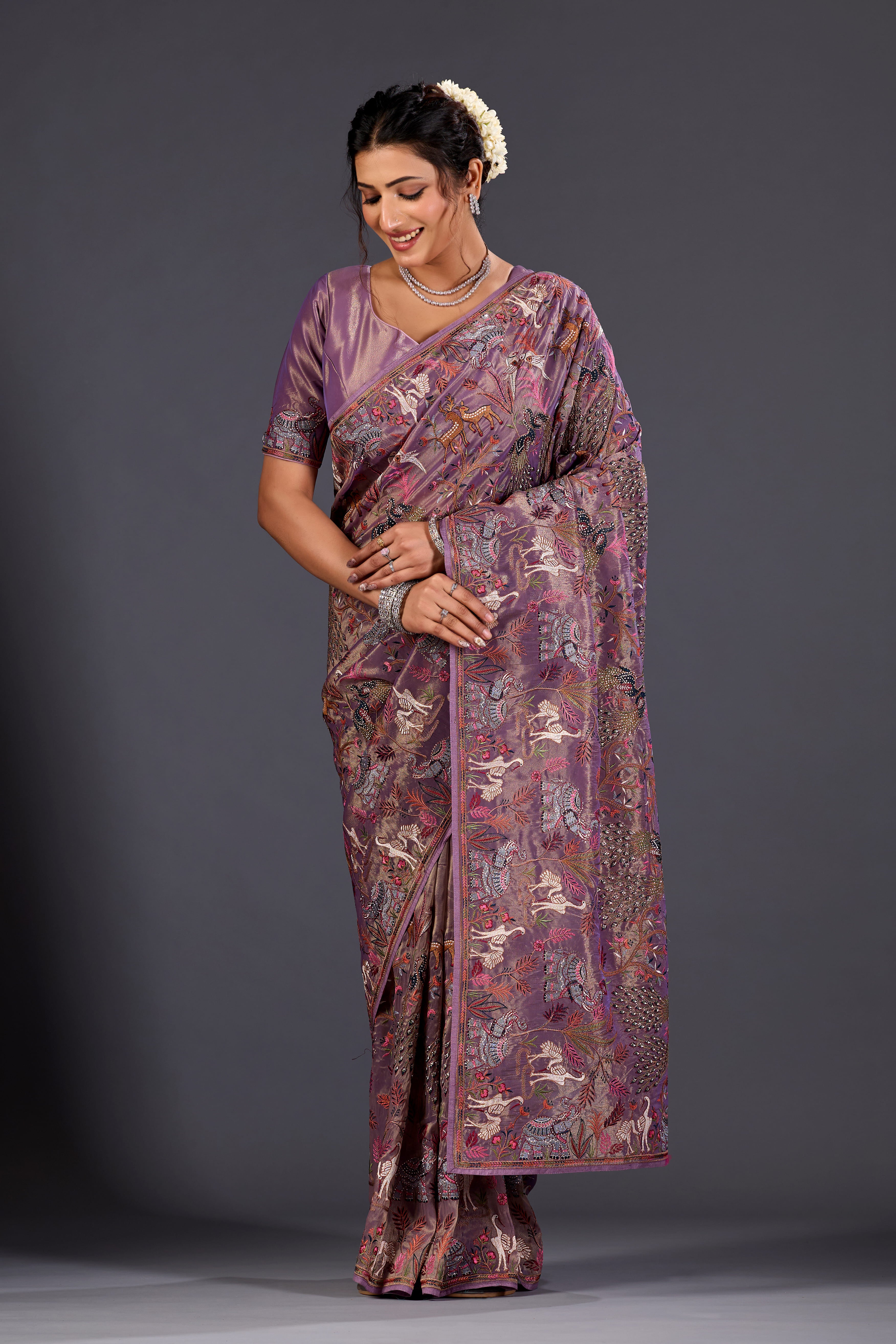 lilac Giraffe Woven Saree With Nature Motif Embrodiery