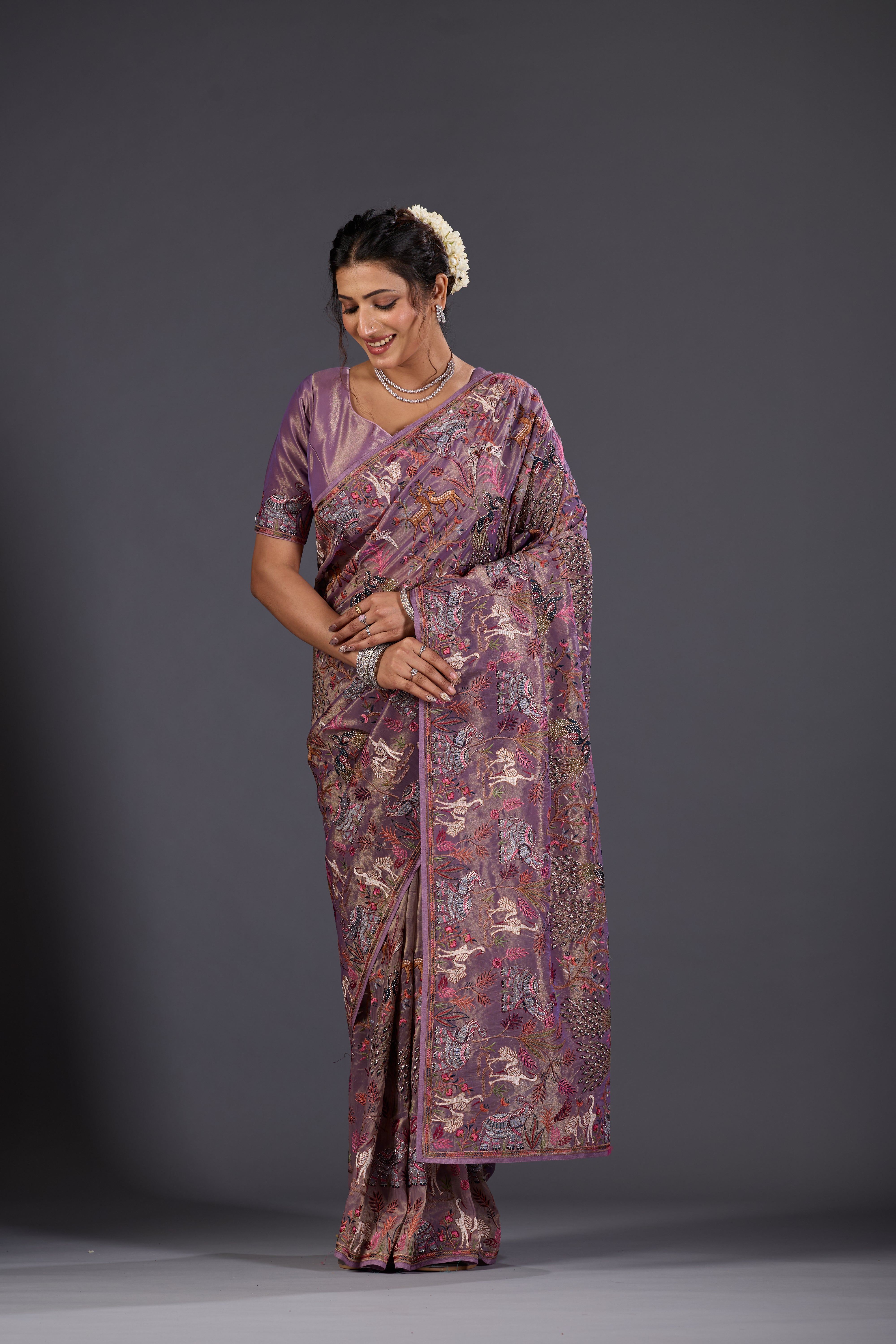 lilac Giraffe Woven Saree With Nature Motif Embrodiery