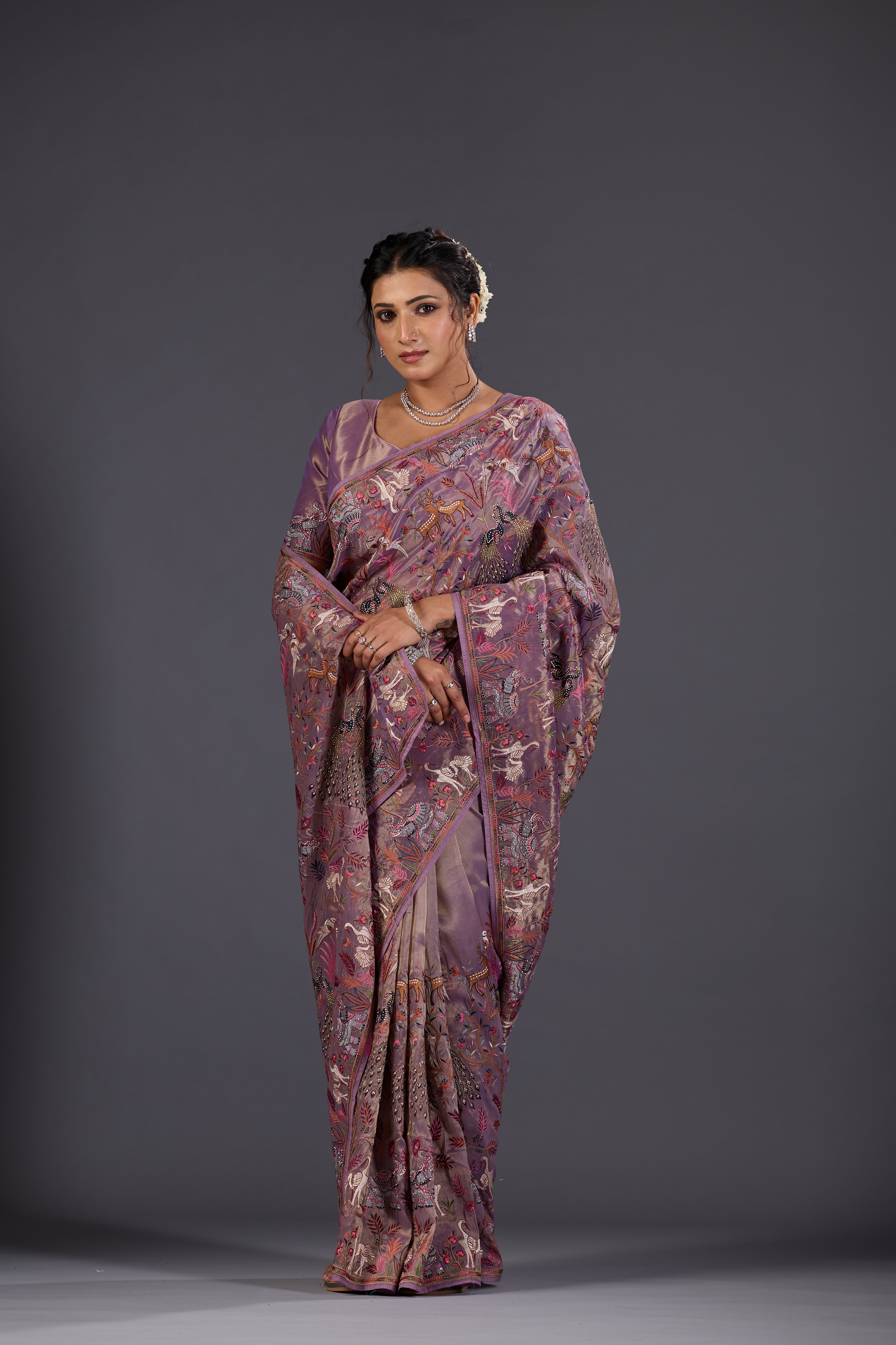 lilac Giraffe Woven Saree With Nature Motif Embrodiery