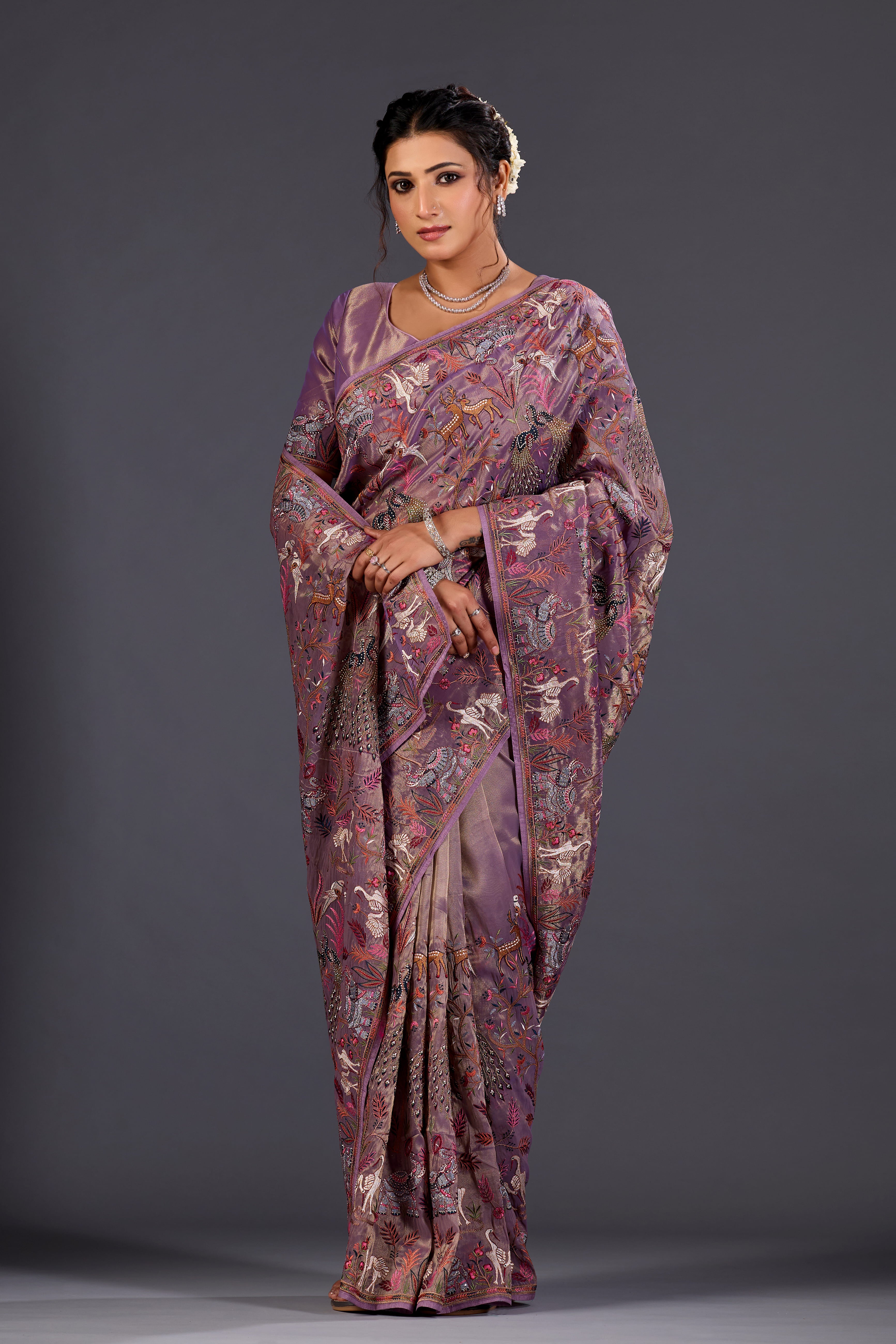 lilac Giraffe Woven Saree With Nature Motif Embrodiery