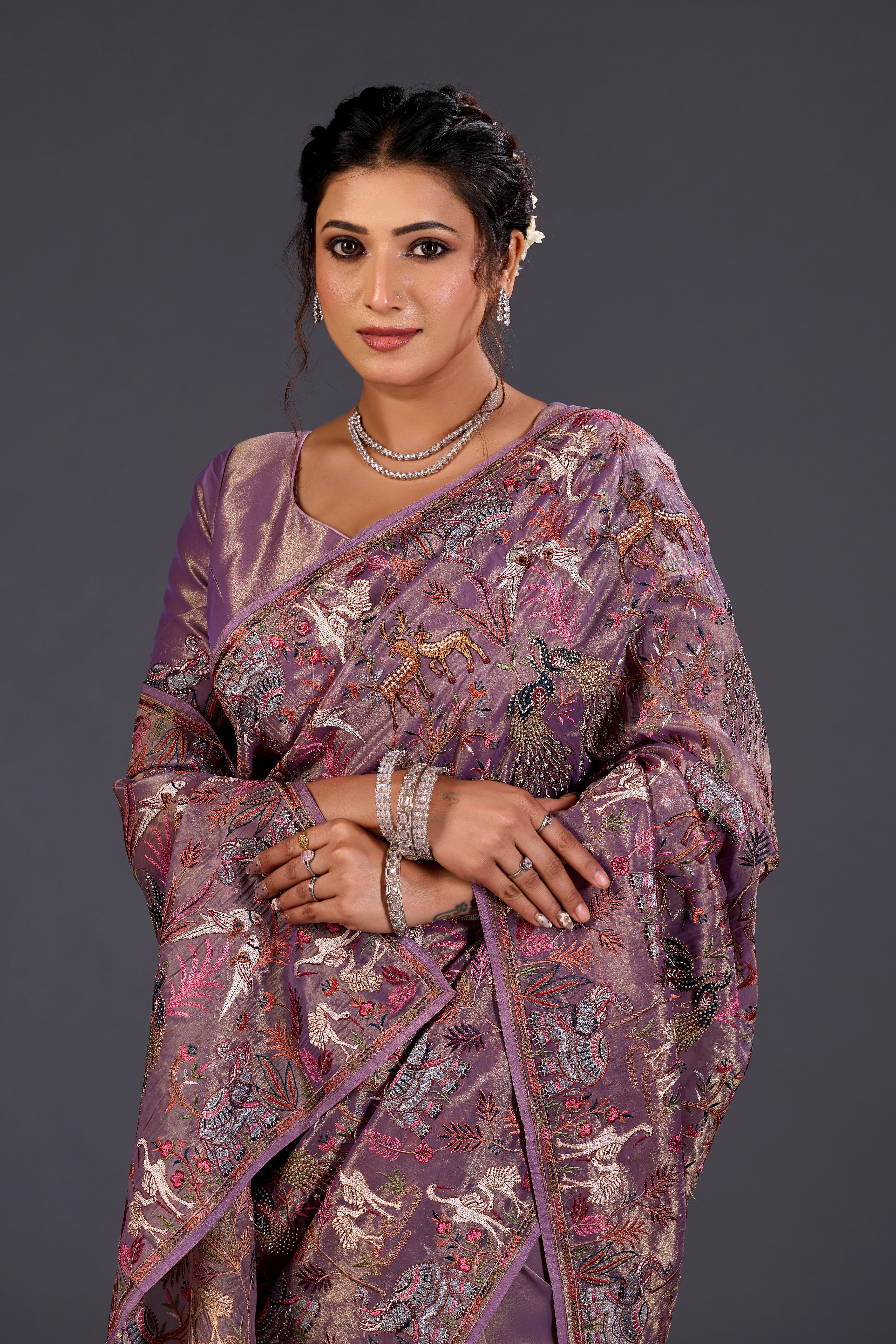 lilac Giraffe Woven Saree With Nature Motif Embrodiery
