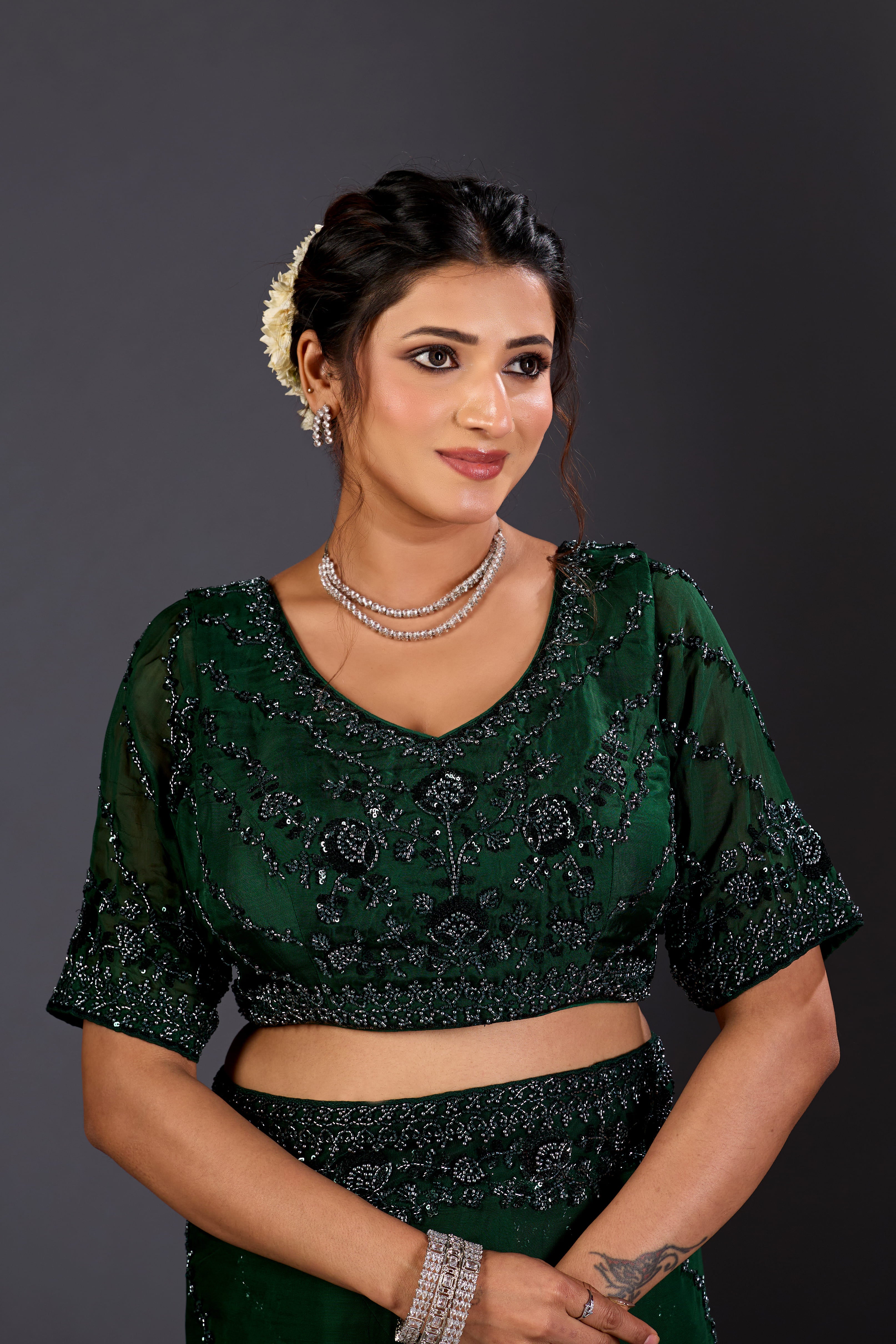 Bottle Green Hand-Embroidered Sequin Saree for Party & Reception Wear