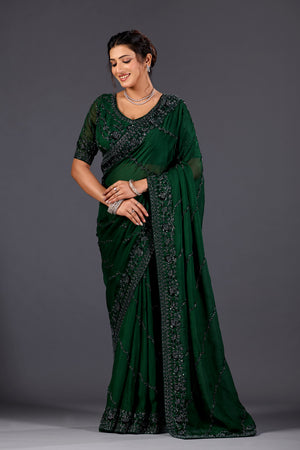 Bottle Green Hand-Embroidered Sequin Saree for Party & Reception Wear