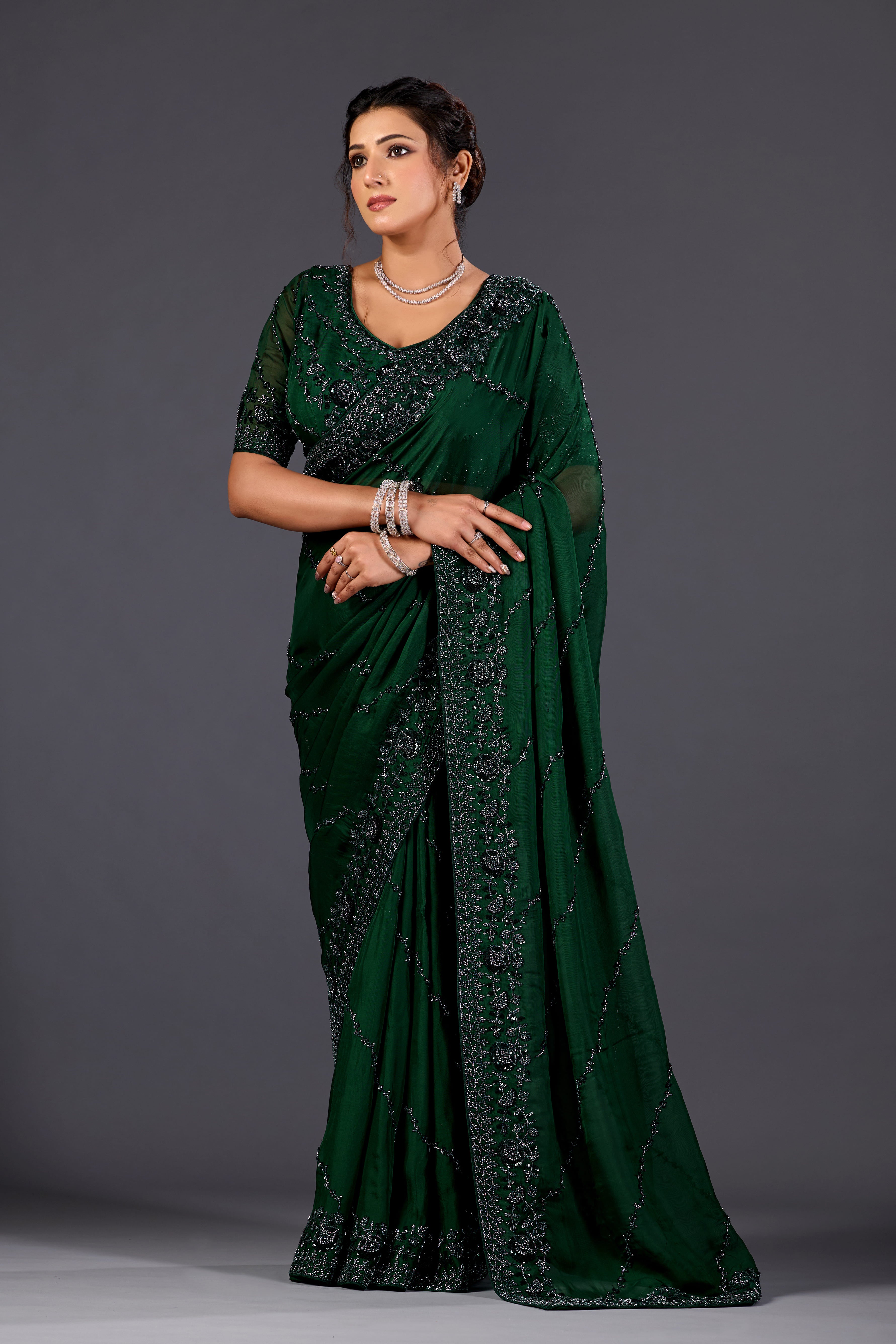 Bottle Green Hand-Embroidered Sequin Saree for Party & Reception Wear