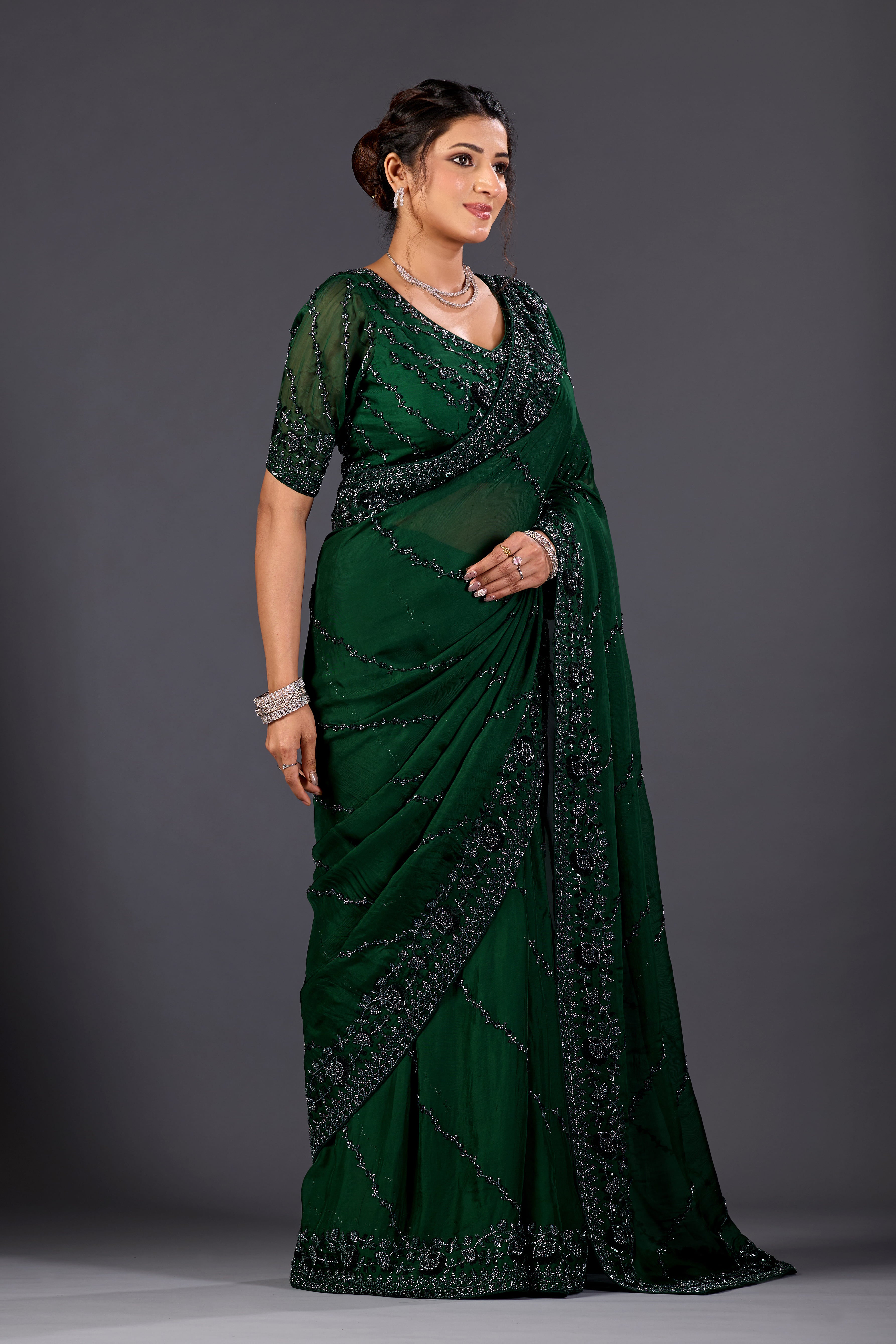 Bottle Green Hand-Embroidered Sequin Saree for Party & Reception Wear