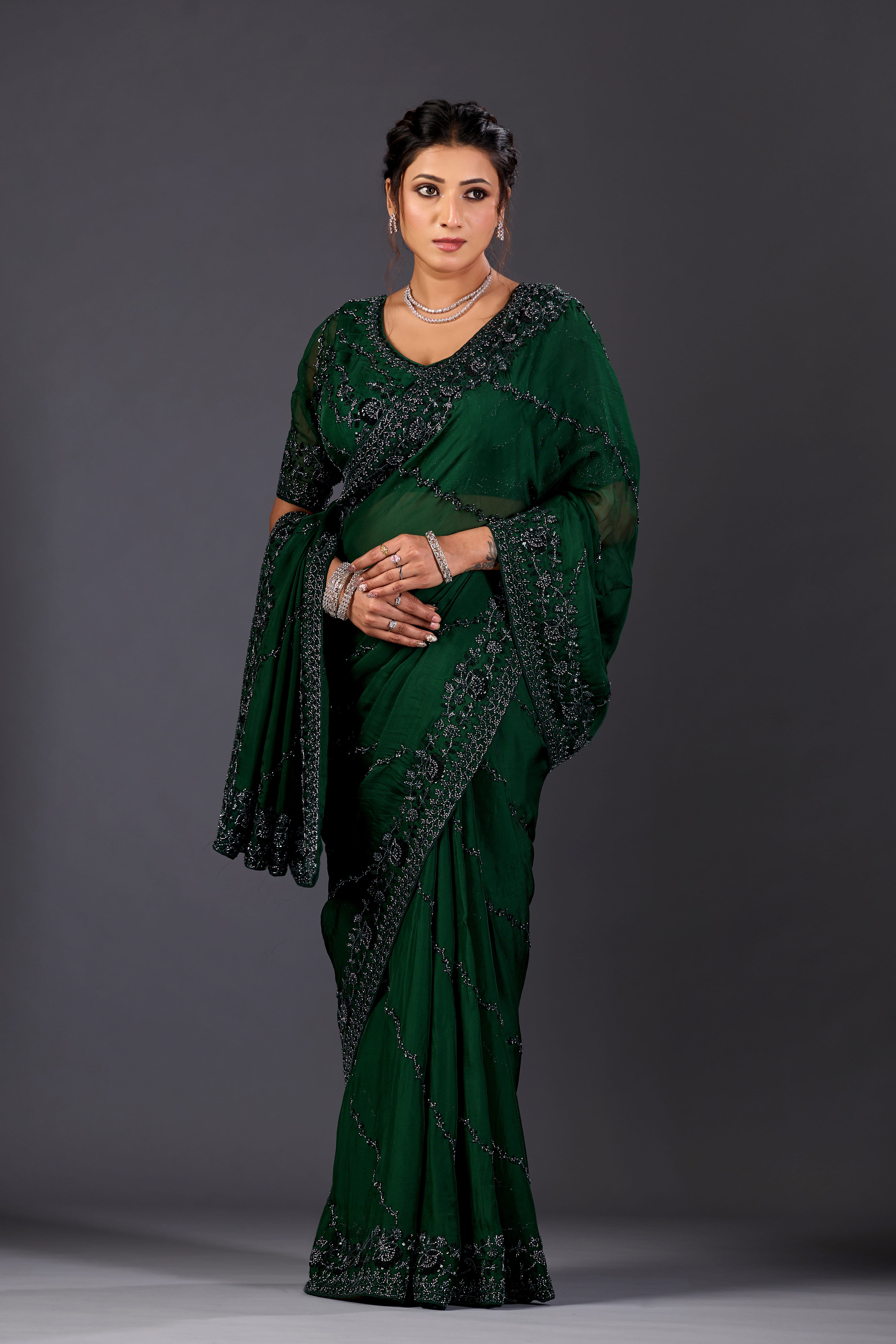 Bottle Green Hand-Embroidered Sequin Saree for Party & Reception Wear