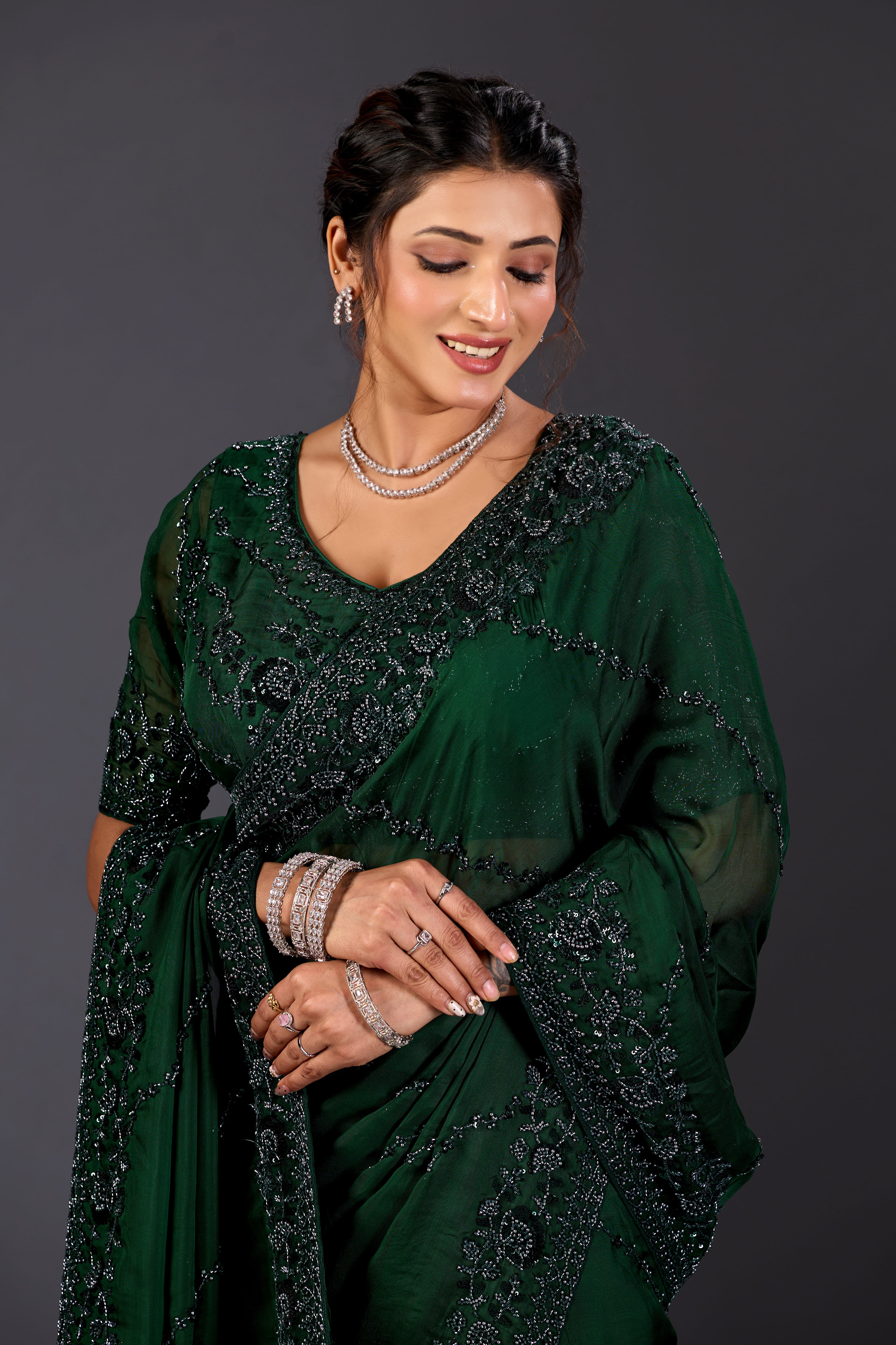 Bottle Green Hand-Embroidered Sequin Saree for Party & Reception Wear