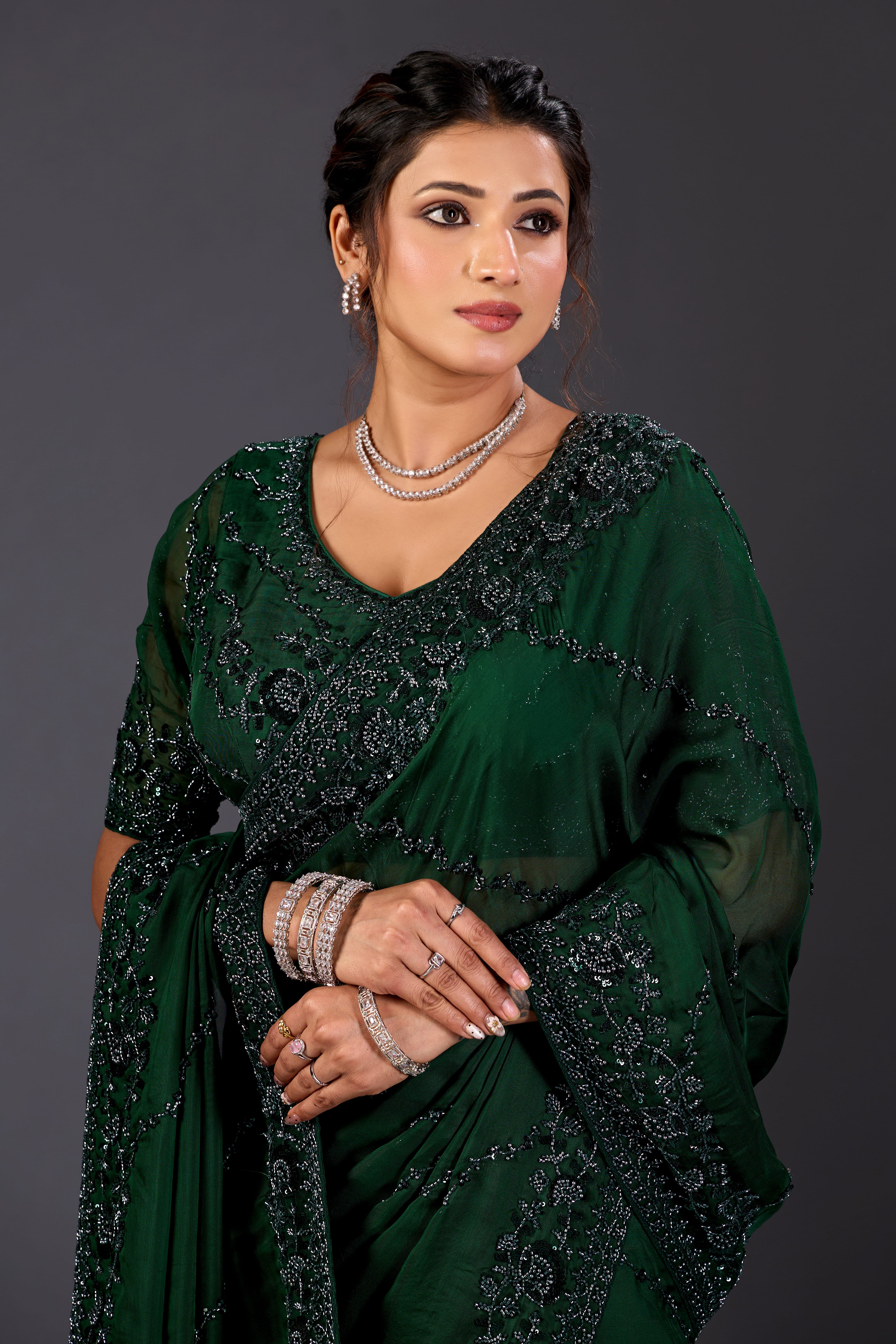 Bottle Green Hand-Embroidered Sequin Saree for Party & Reception Wear