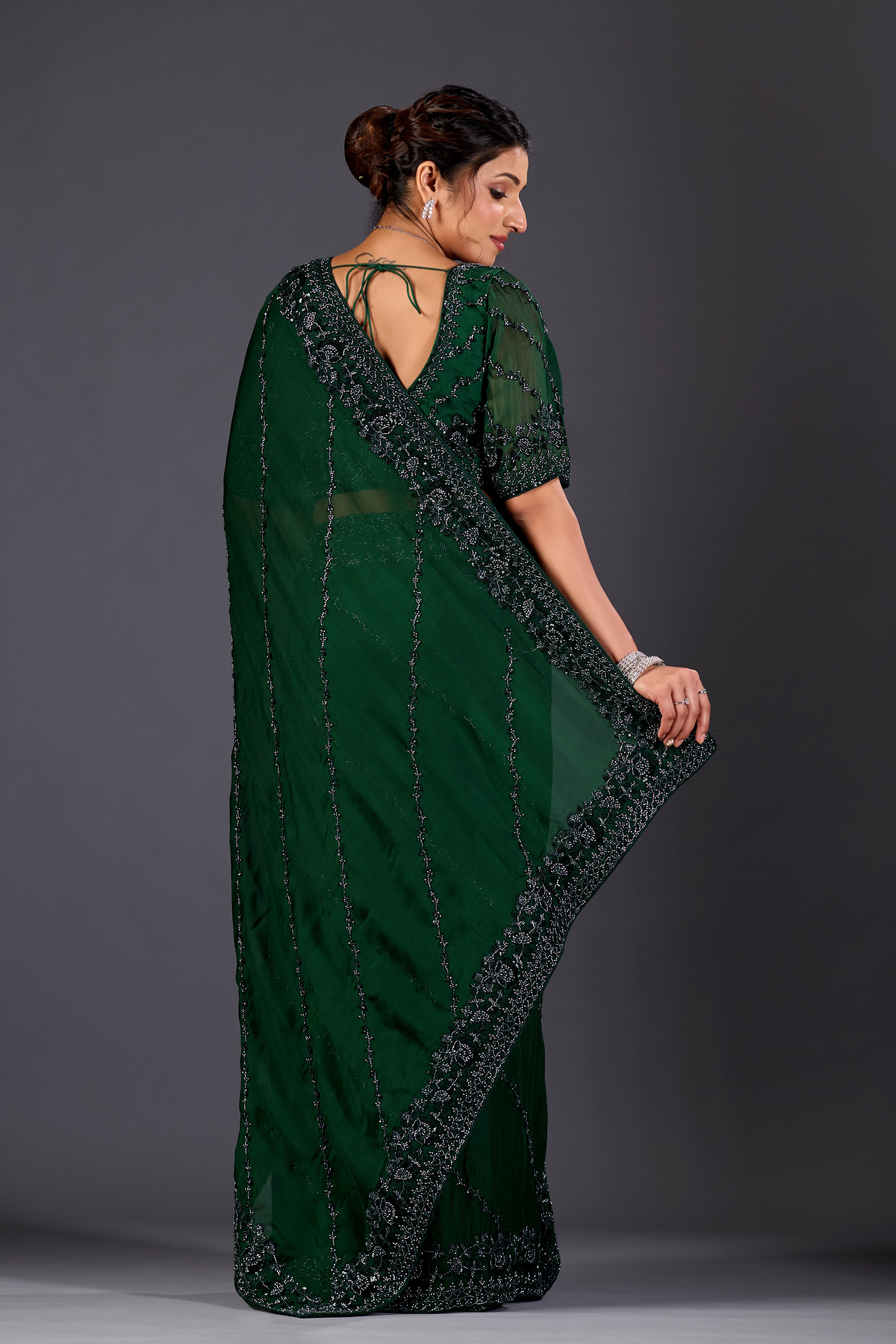Bottle Green Hand-Embroidered Sequin Saree for Party & Reception Wear