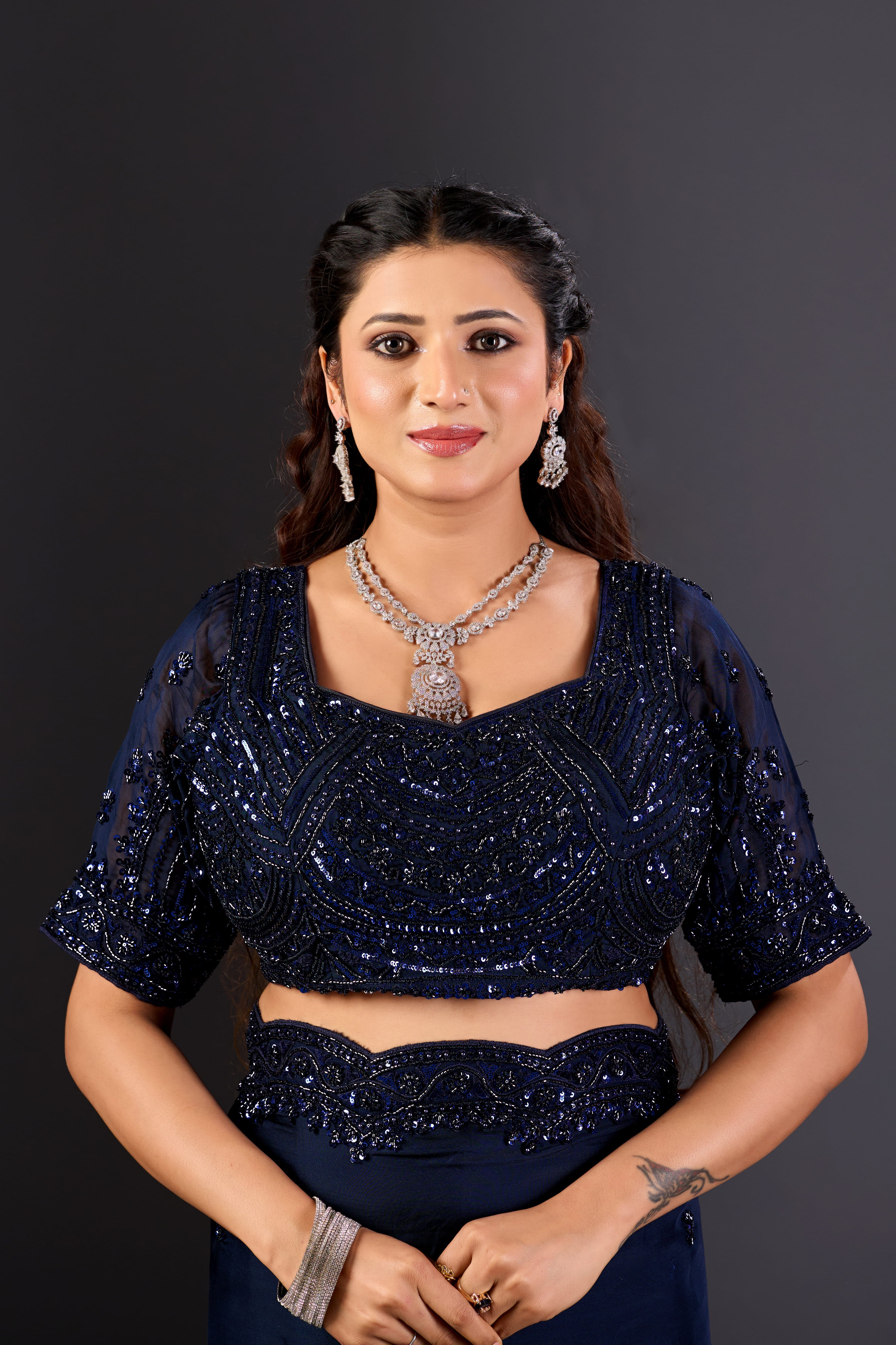 Prussian Blue Organza Designer Saree with Pearl Embroidery and Unstitched Blouse