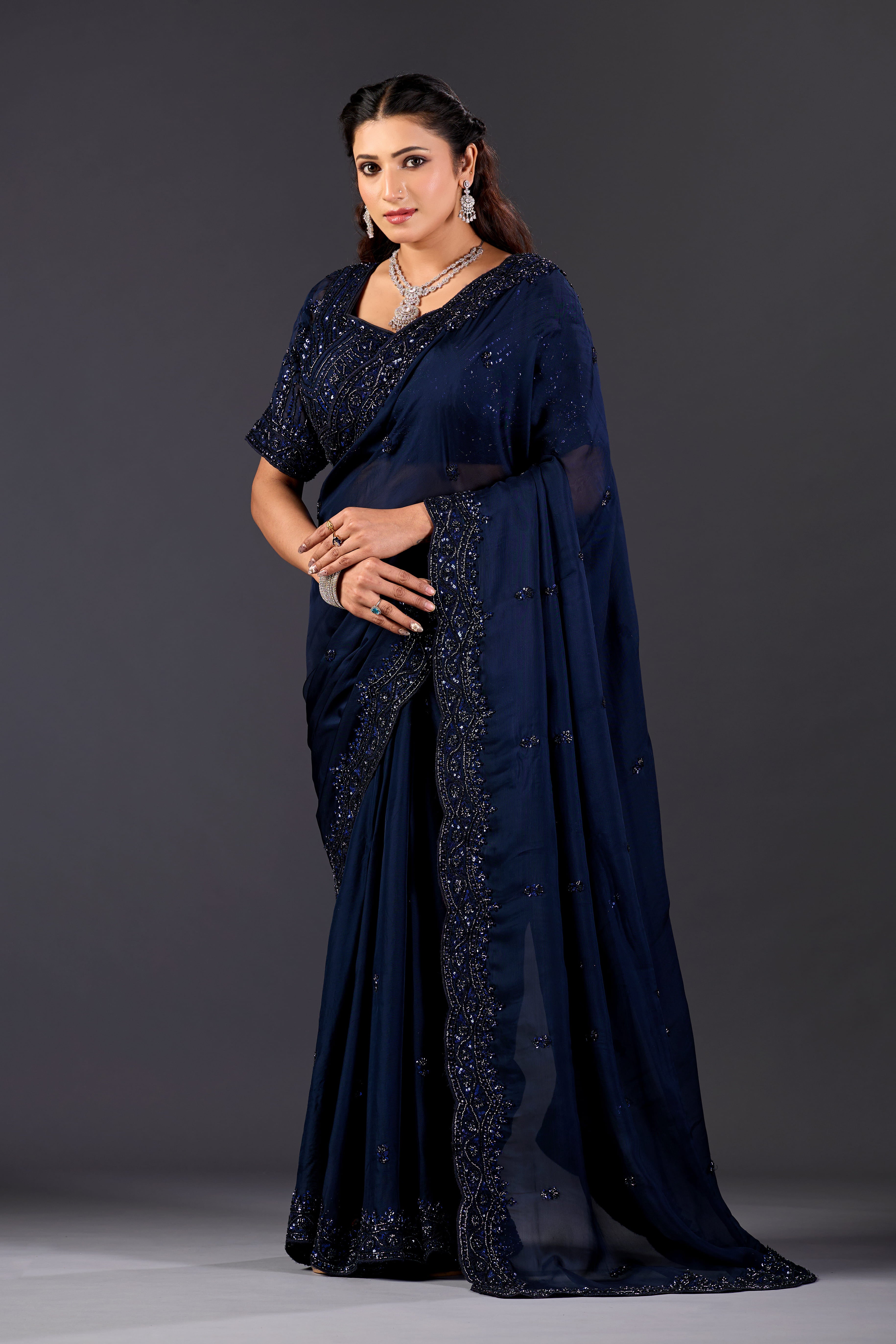 Prussian Blue Organza Designer Saree with Pearl Embroidery and Unstitched Blouse