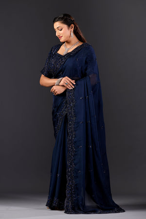 Prussian Blue Organza Designer Saree with Pearl Embroidery and Unstitched Blouse