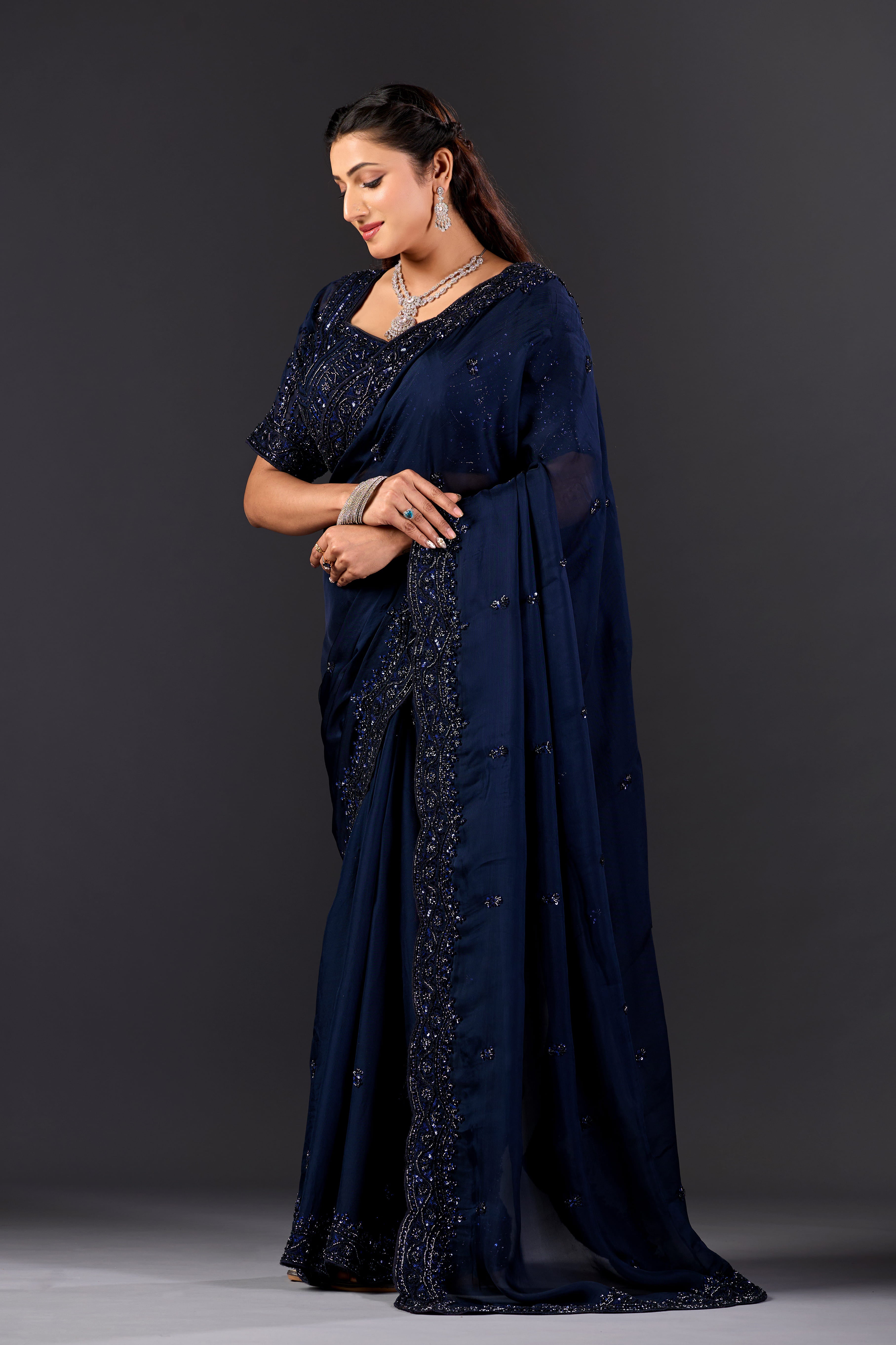 Prussian Blue Organza Designer Saree with Pearl Embroidery and Unstitched Blouse