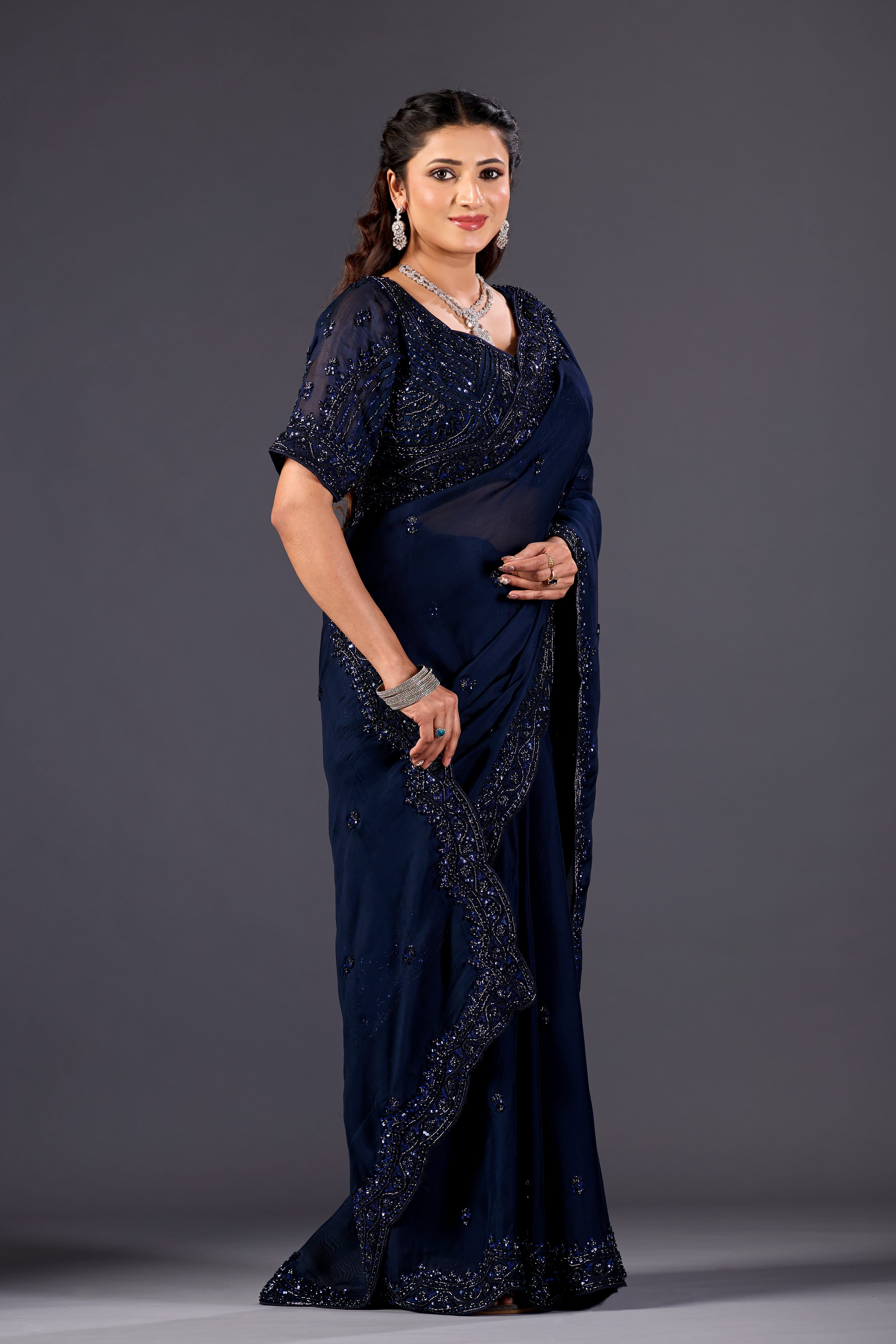Prussian Blue Organza Designer Saree with Pearl Embroidery and Unstitched Blouse
