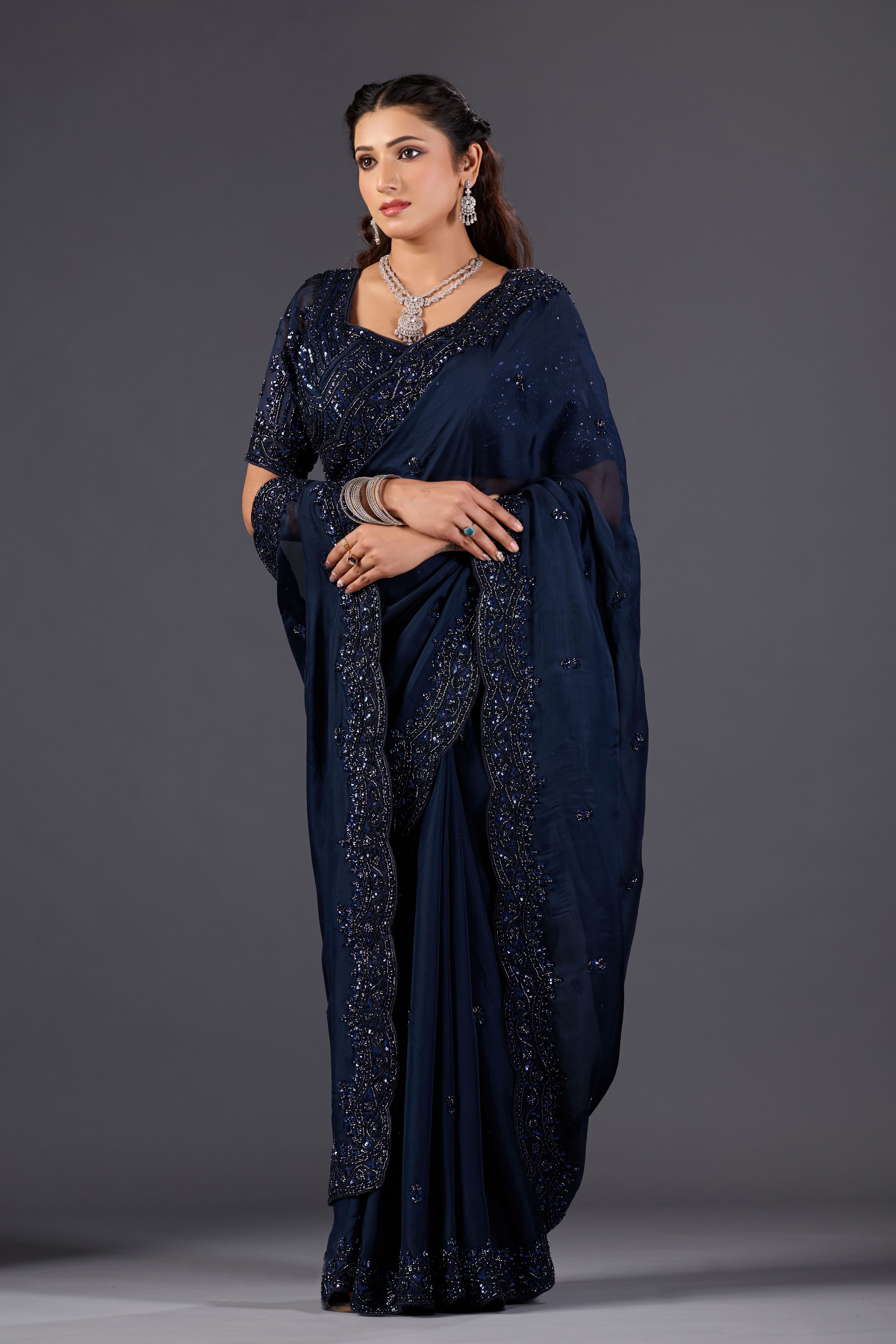 Prussian Blue Organza Designer Saree with Pearl Embroidery and Unstitched Blouse