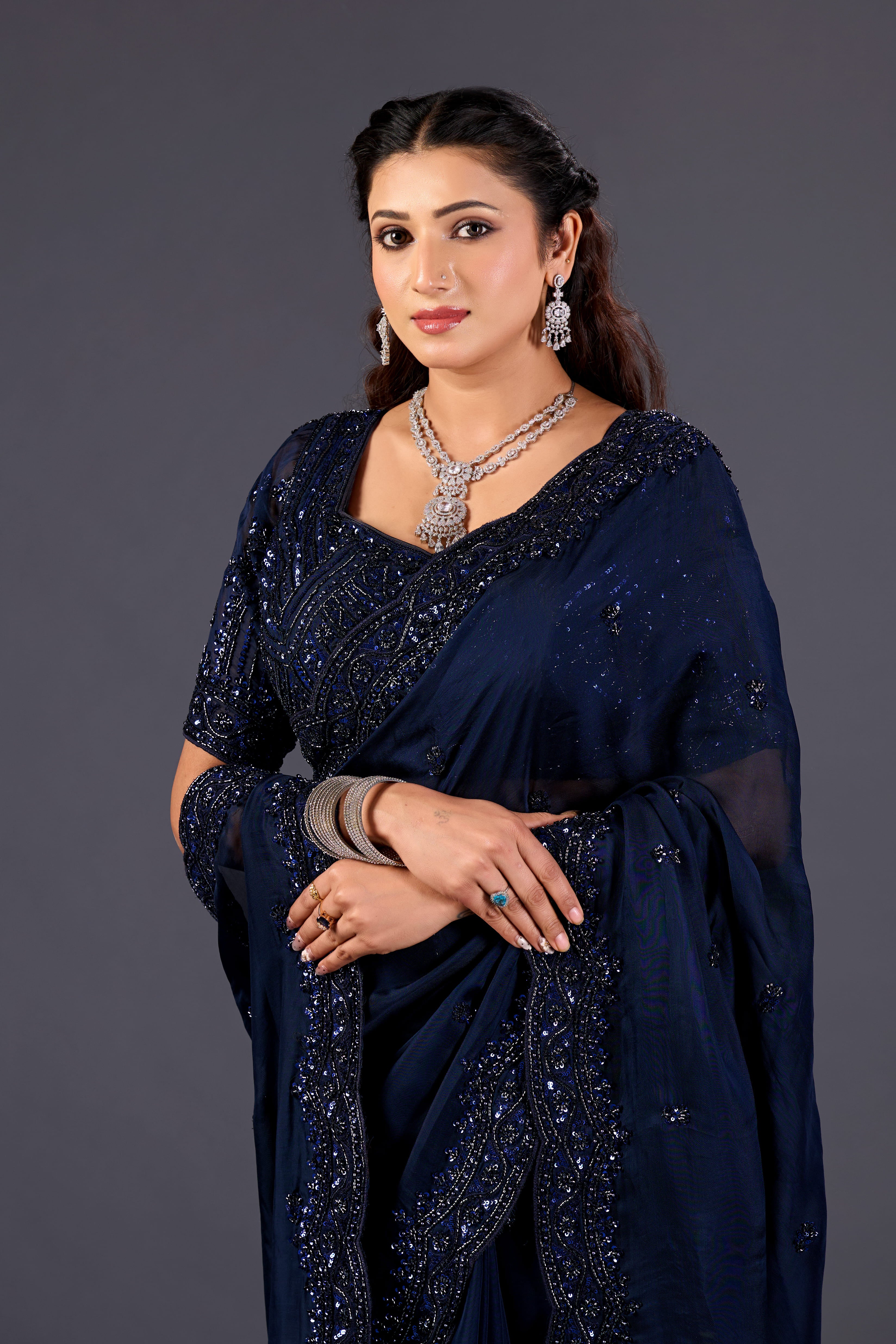 Prussian Blue Organza Designer Saree with Pearl Embroidery and Unstitched Blouse