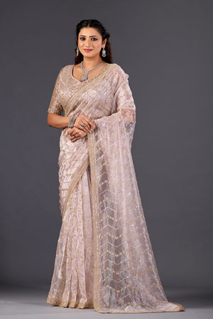 Lavender Glass Tissue Saree With Multicolor Sequins And Heavy Jaal