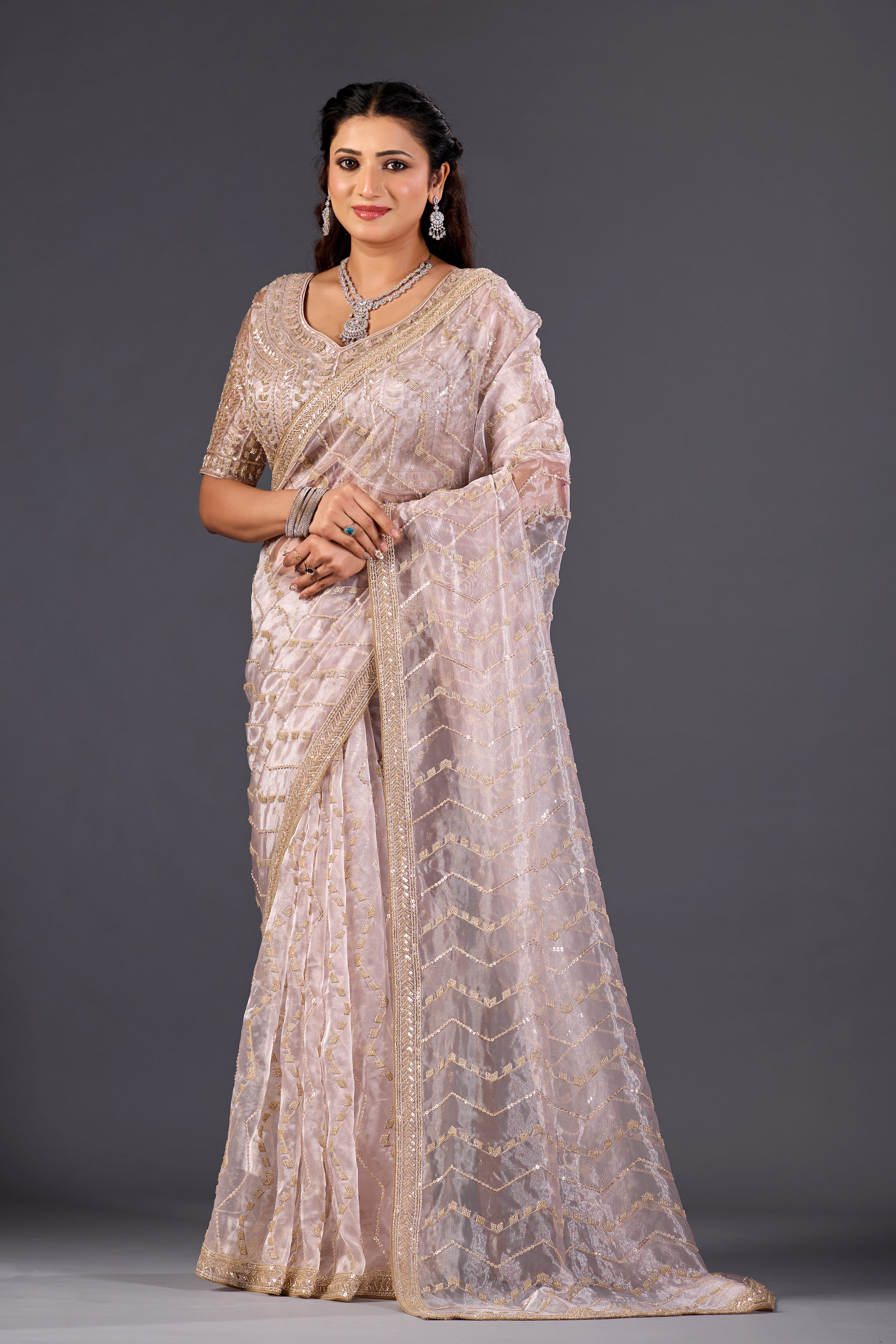 Lavender Glass Tissue Saree With Multicolor Sequins And Heavy Jaal