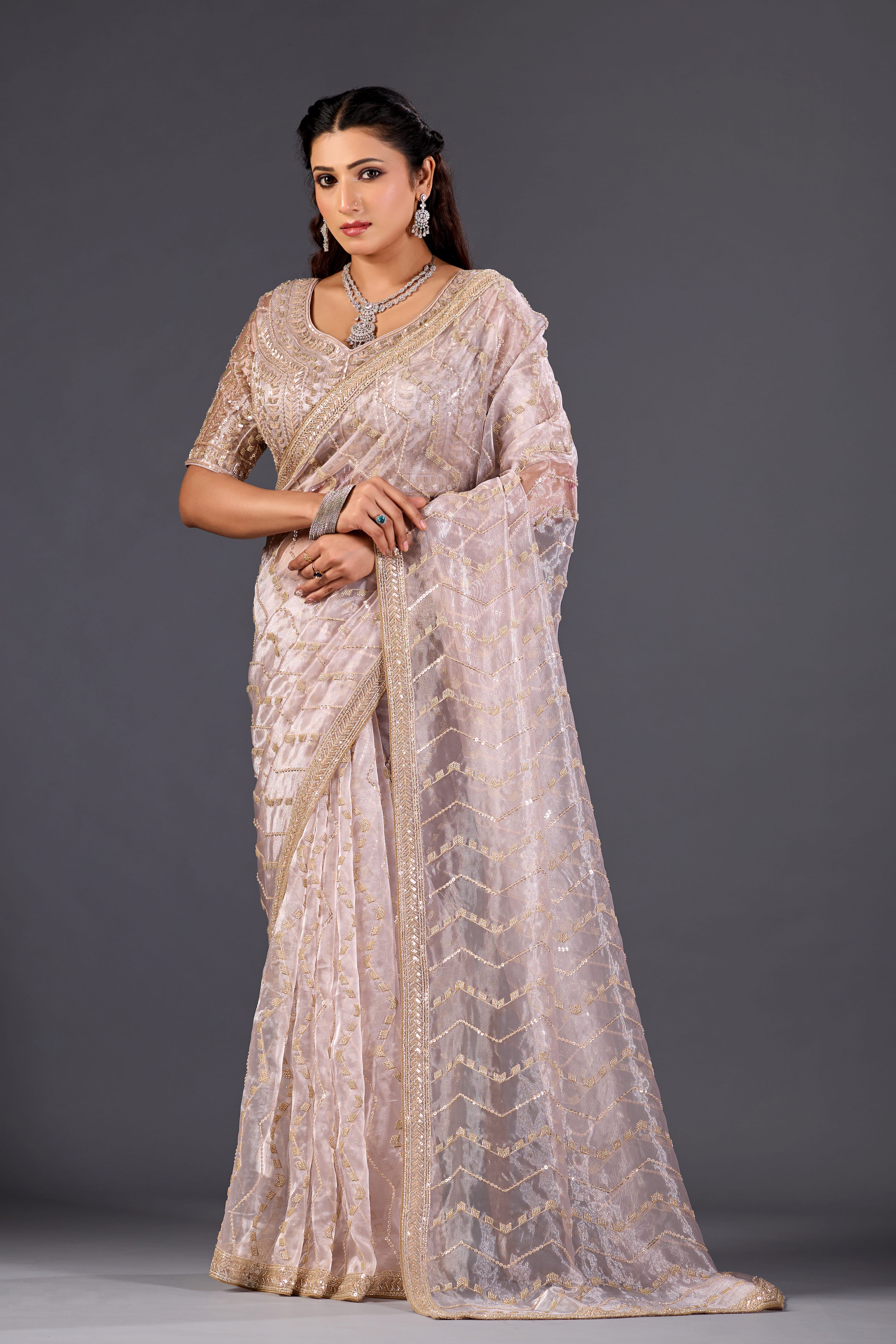 Lavender Glass Tissue Saree With Multicolor Sequins And Heavy Jaal