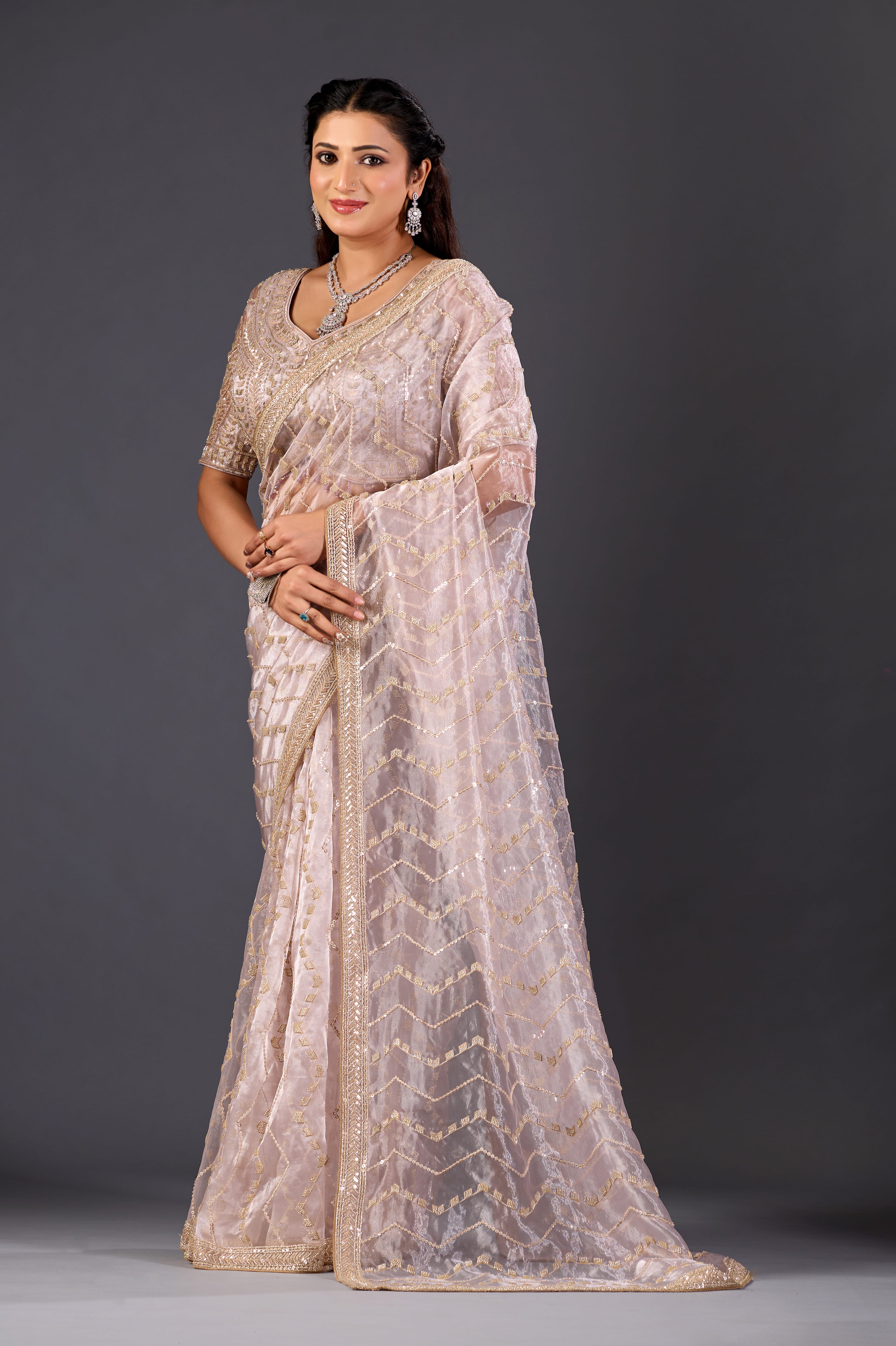 Lavender Glass Tissue Saree With Multicolor Sequins And Heavy Jaal