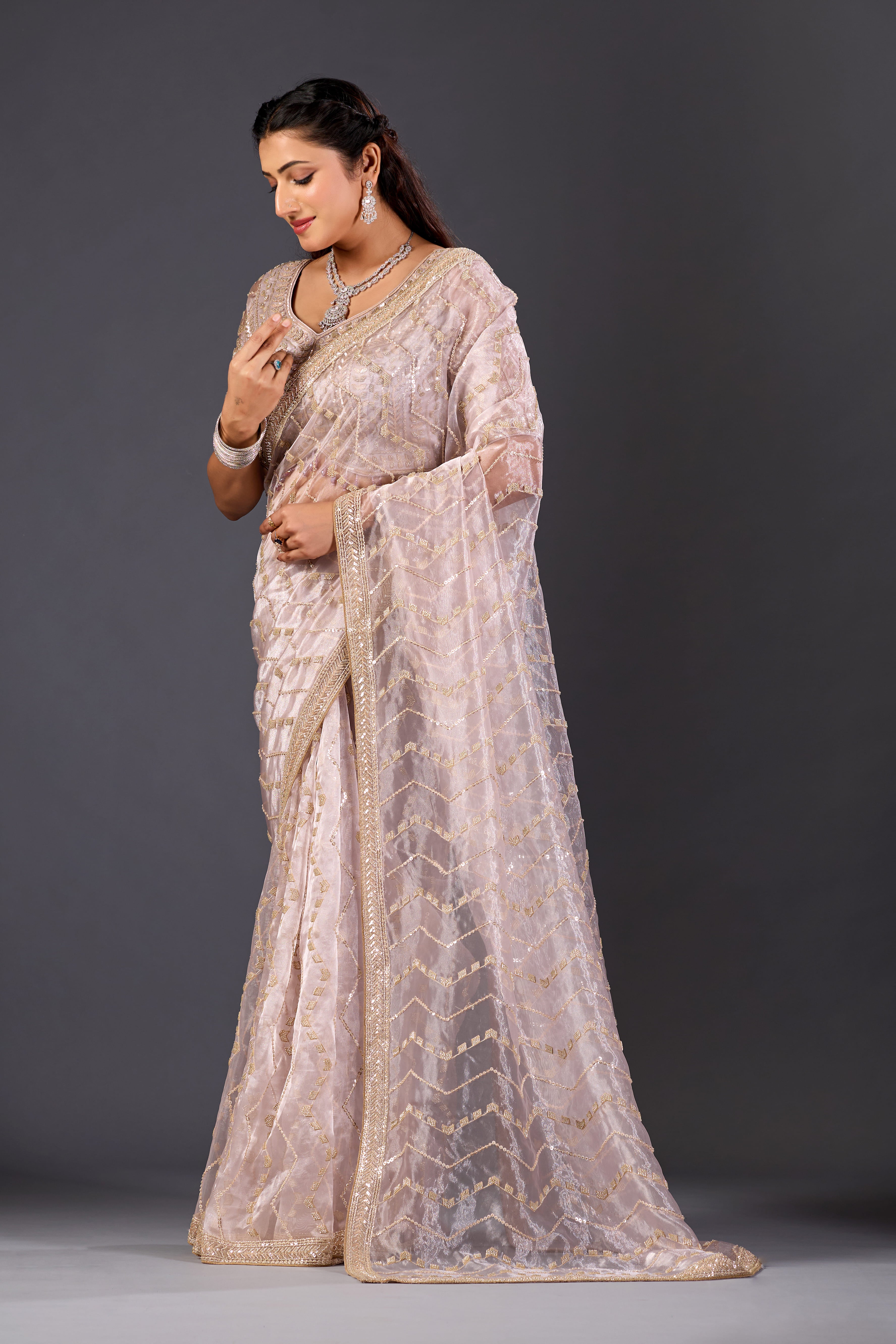 Lavender Glass Tissue Saree With Multicolor Sequins And Heavy Jaal