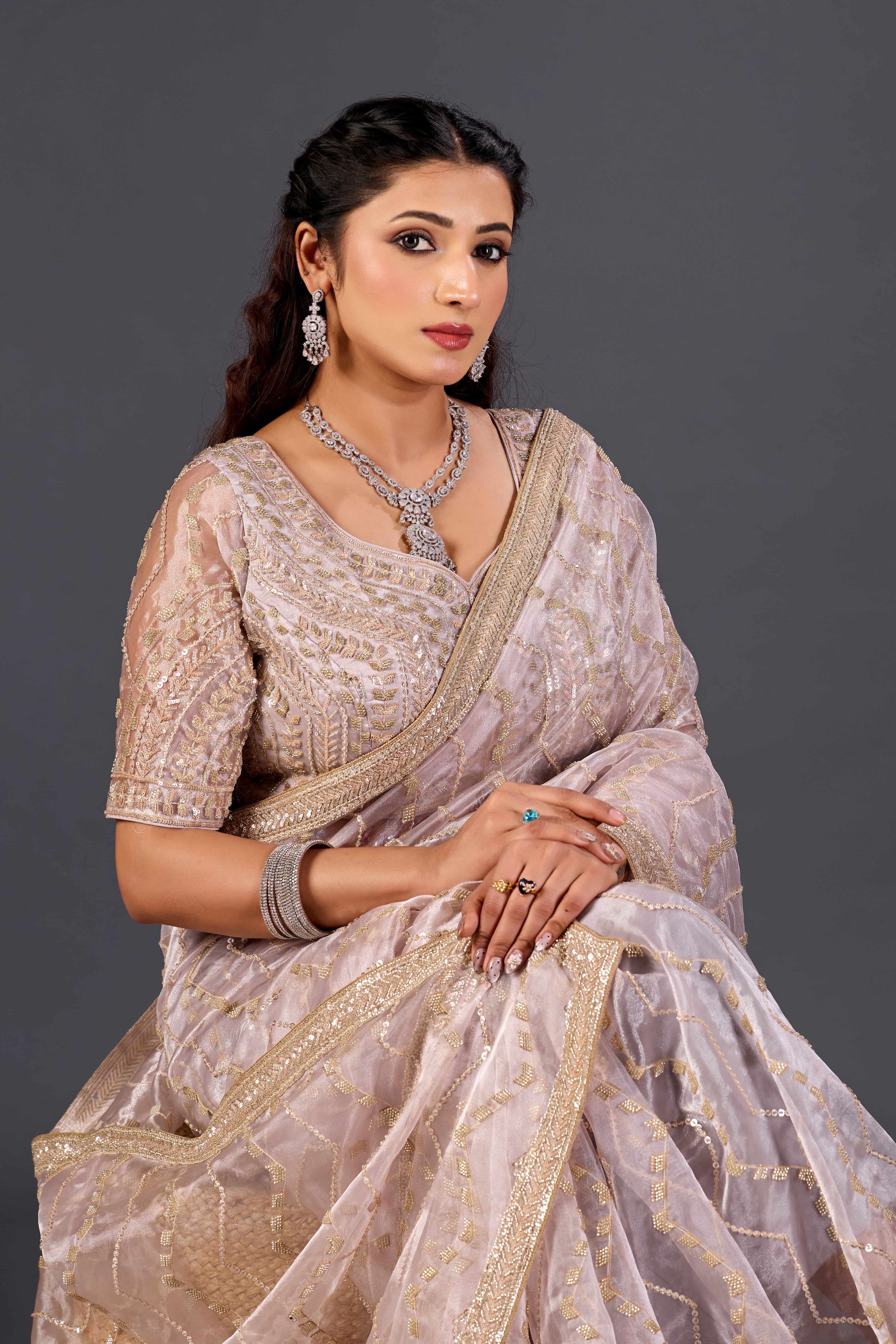 Lavender Glass Tissue Saree With Multicolor Sequins And Heavy Jaal
