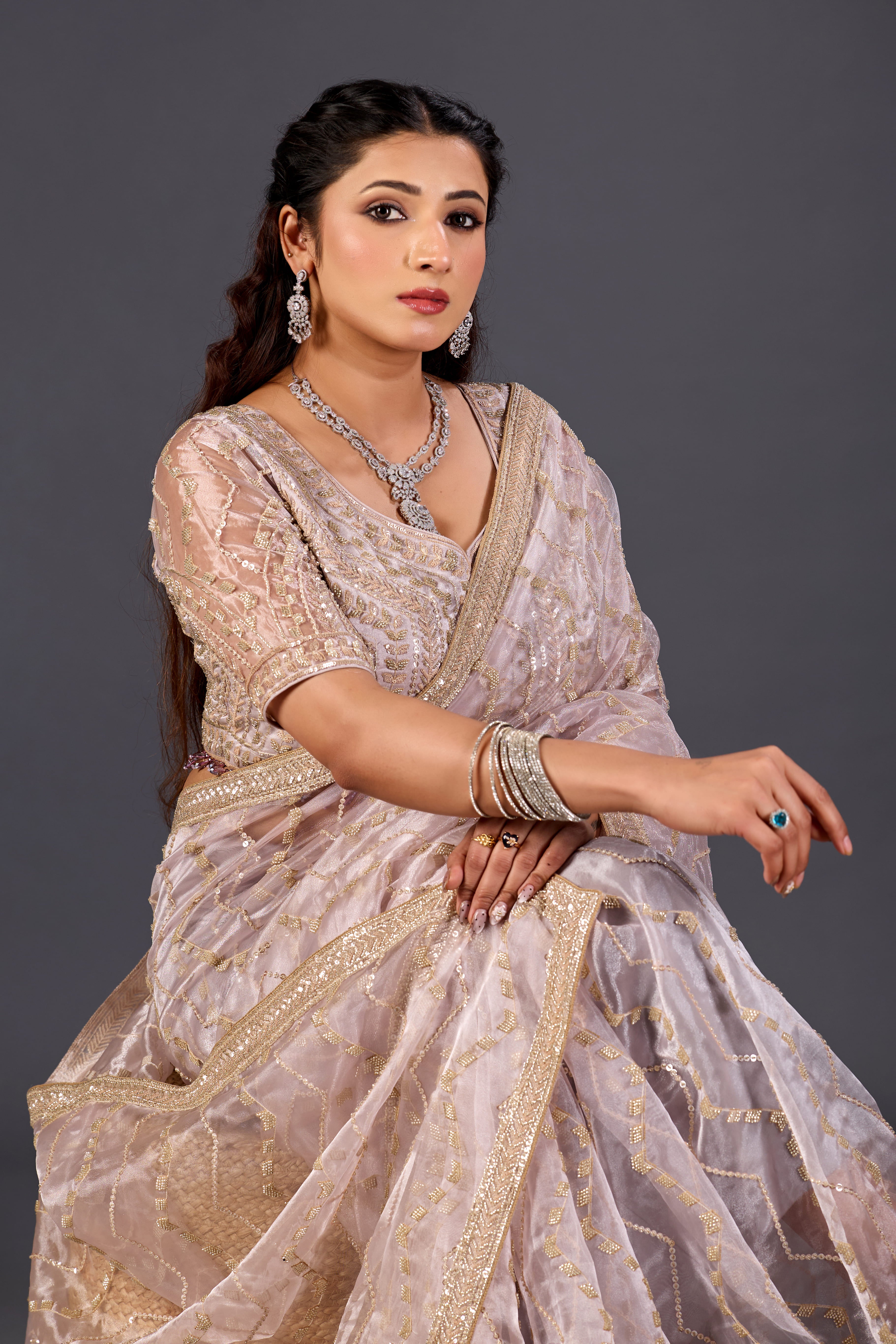 Lavender Glass Tissue Saree With Multicolor Sequins And Heavy Jaal