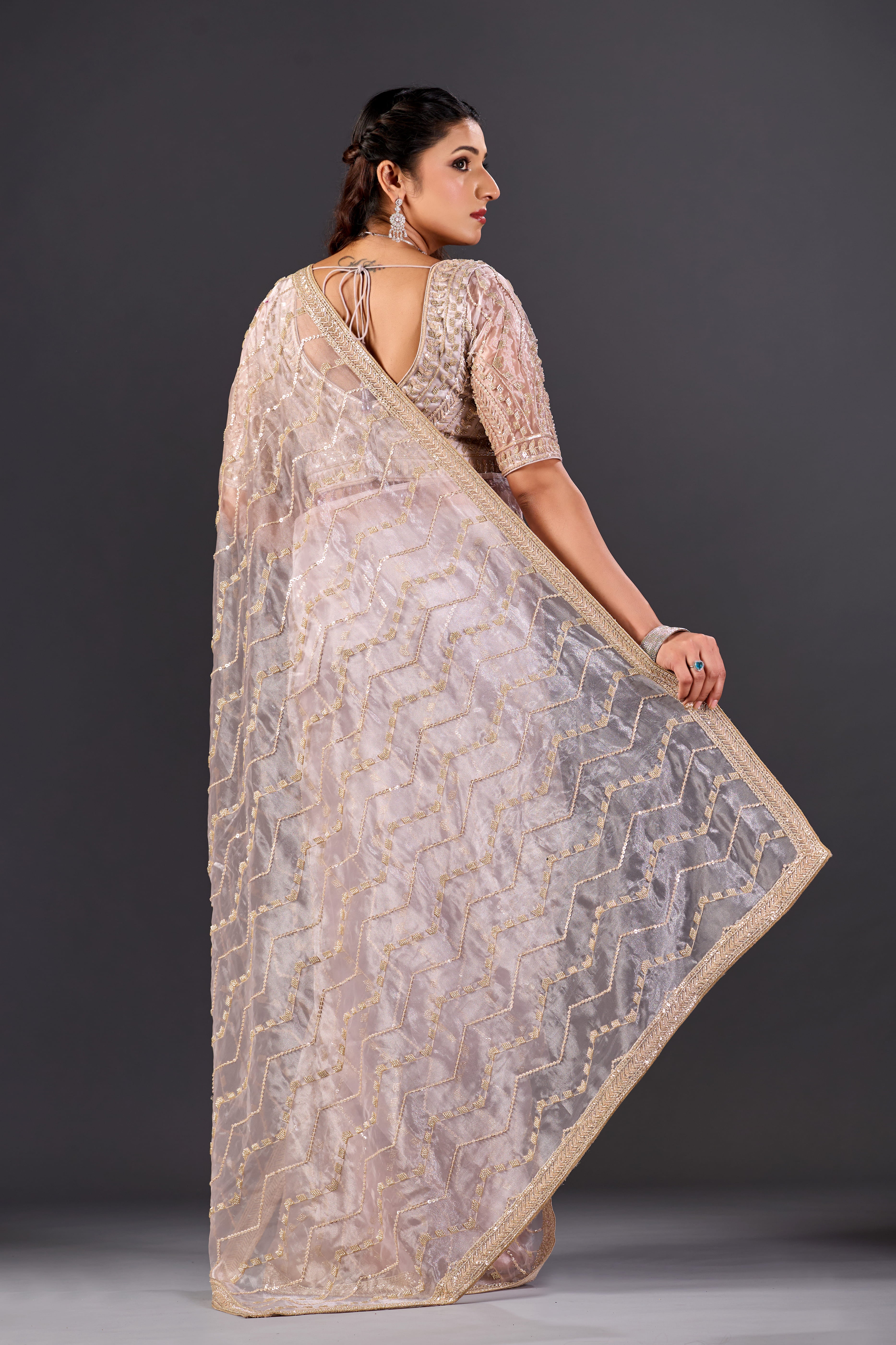 Lavender Glass Tissue Saree With Multicolor Sequins And Heavy Jaal