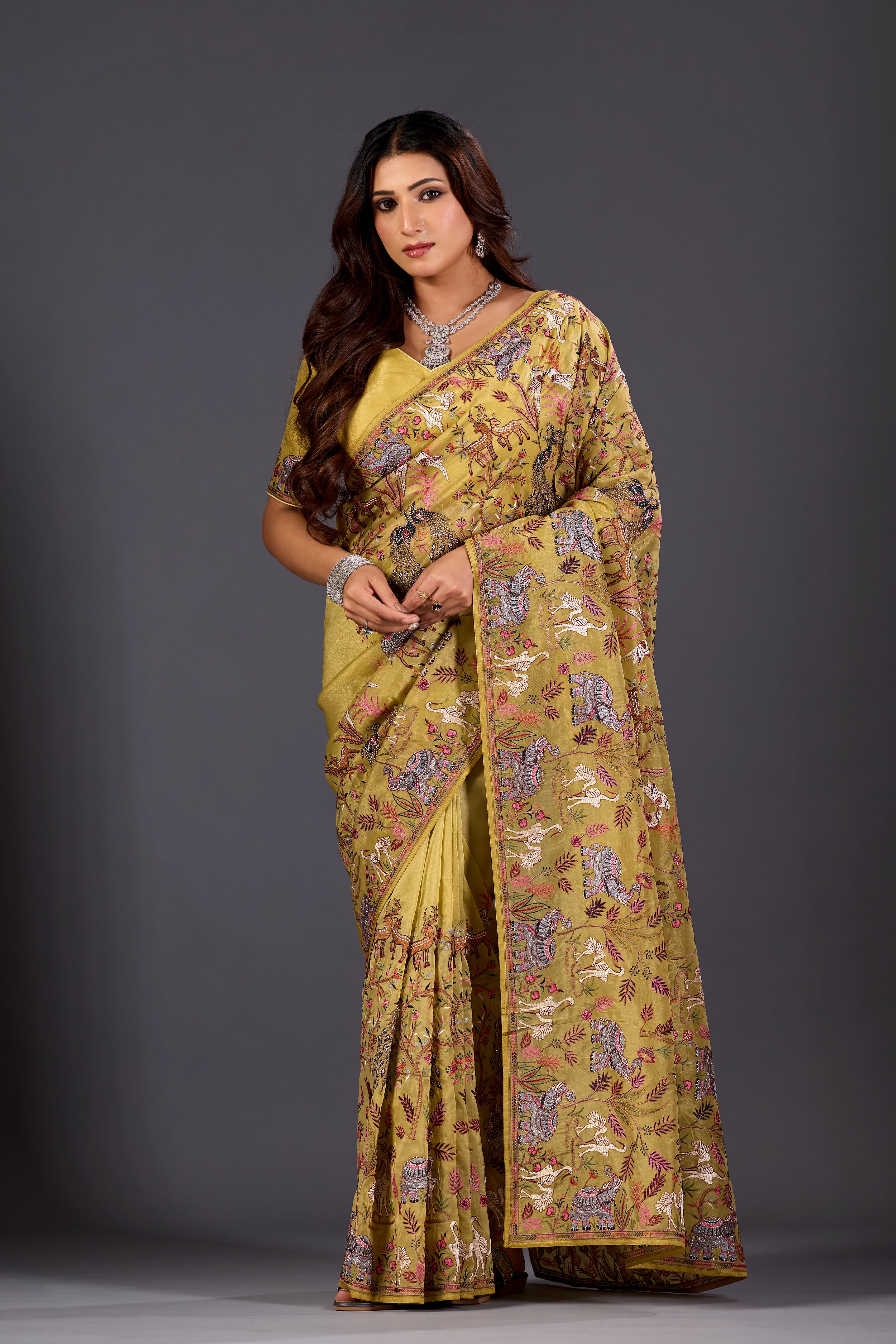 Lime Yellow  Giraffe Woven Saree With Nature Motif Embrodiery