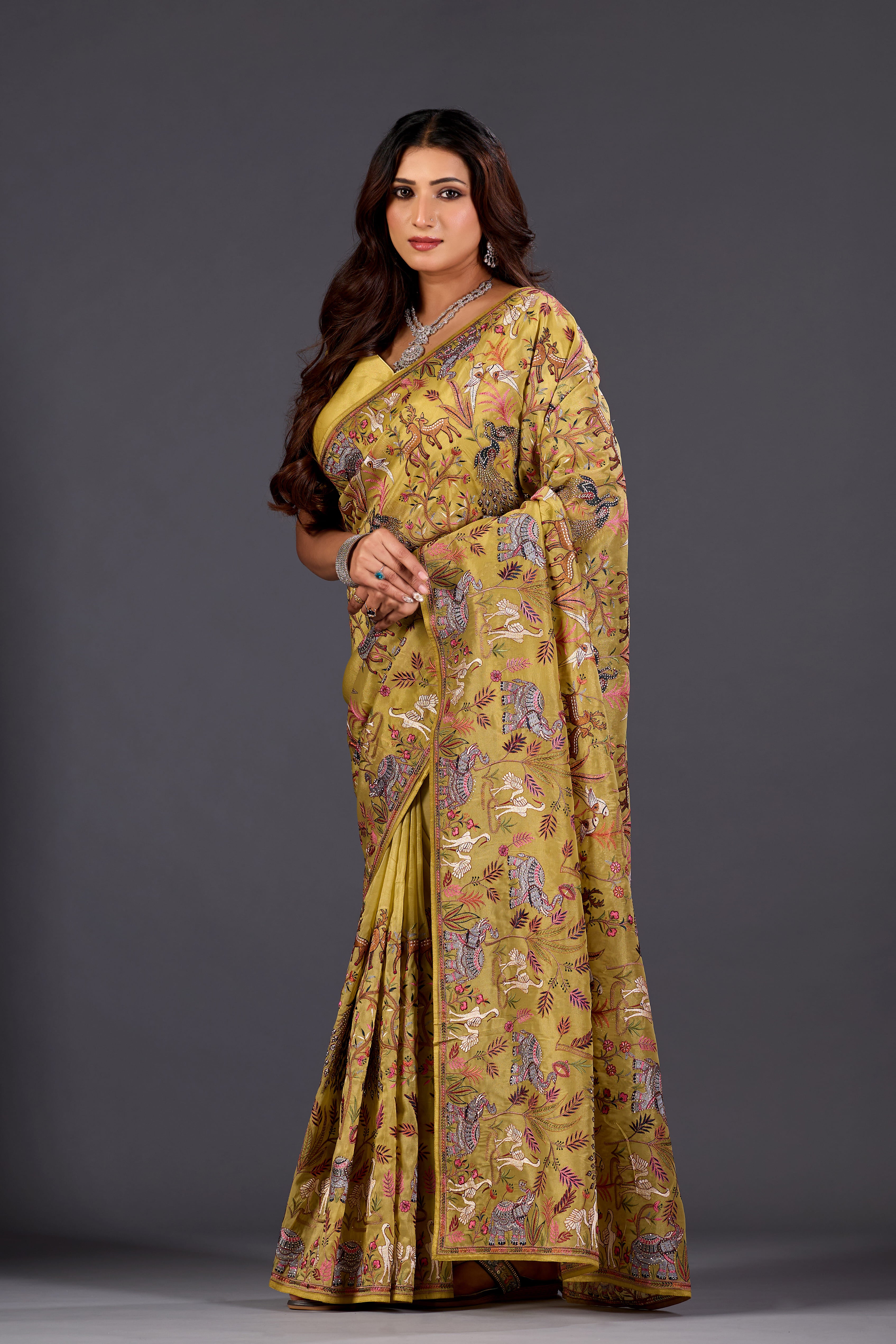 Lime Yellow  Giraffe Woven Saree With Nature Motif Embrodiery