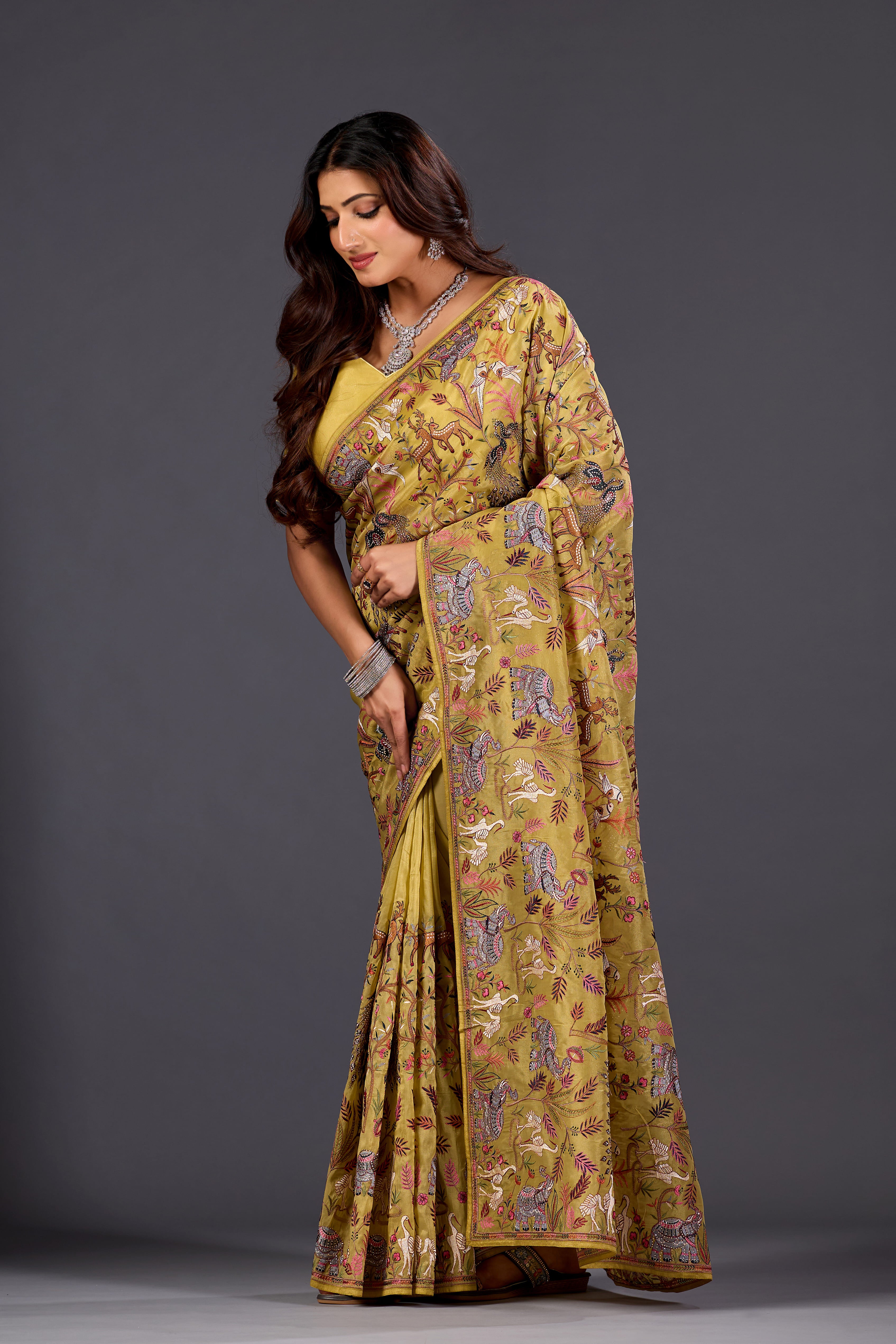 Lime Yellow  Giraffe Woven Saree With Nature Motif Embrodiery