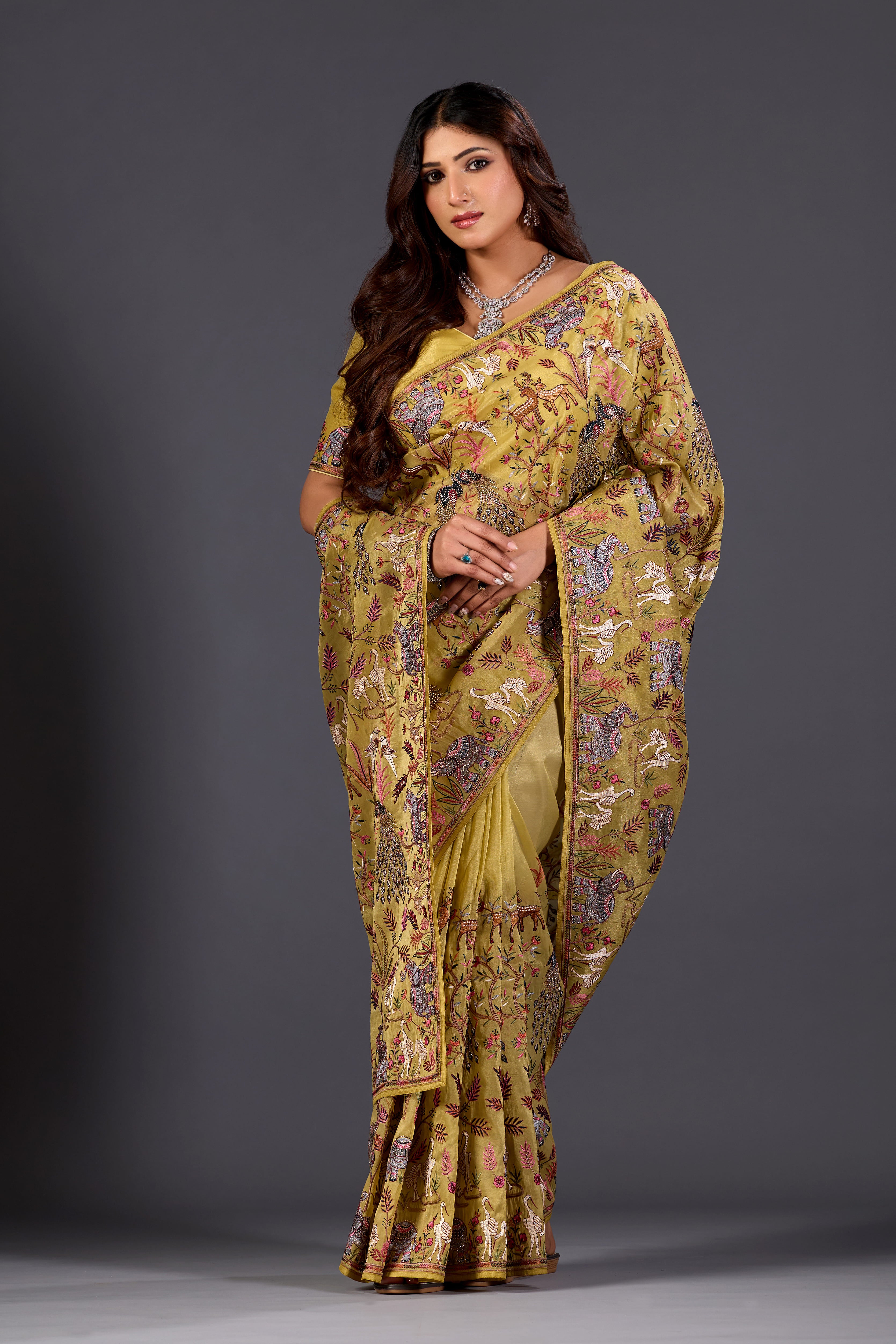 Lime Yellow  Giraffe Woven Saree With Nature Motif Embrodiery