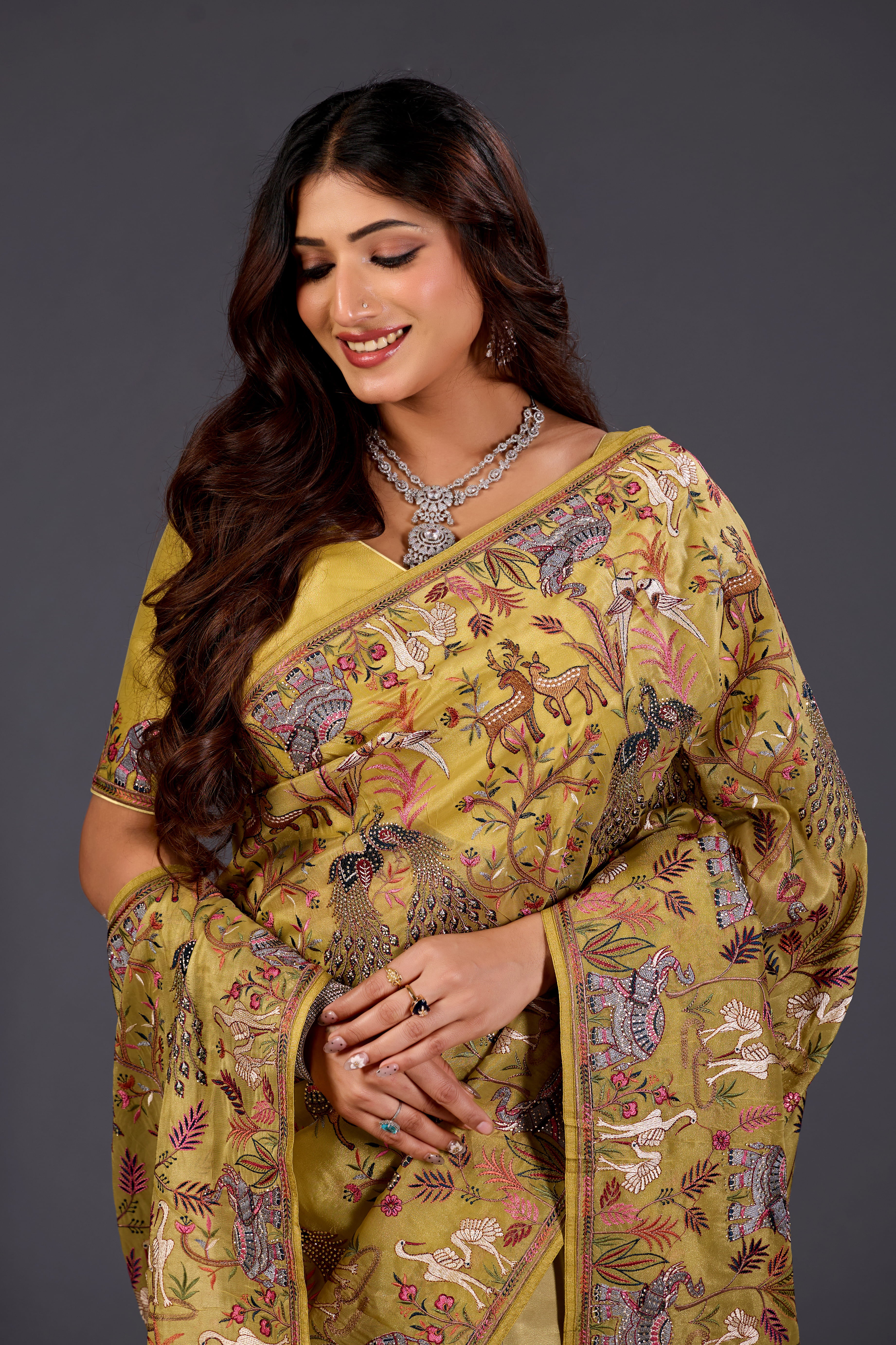 Lime Yellow  Giraffe Woven Saree With Nature Motif Embrodiery