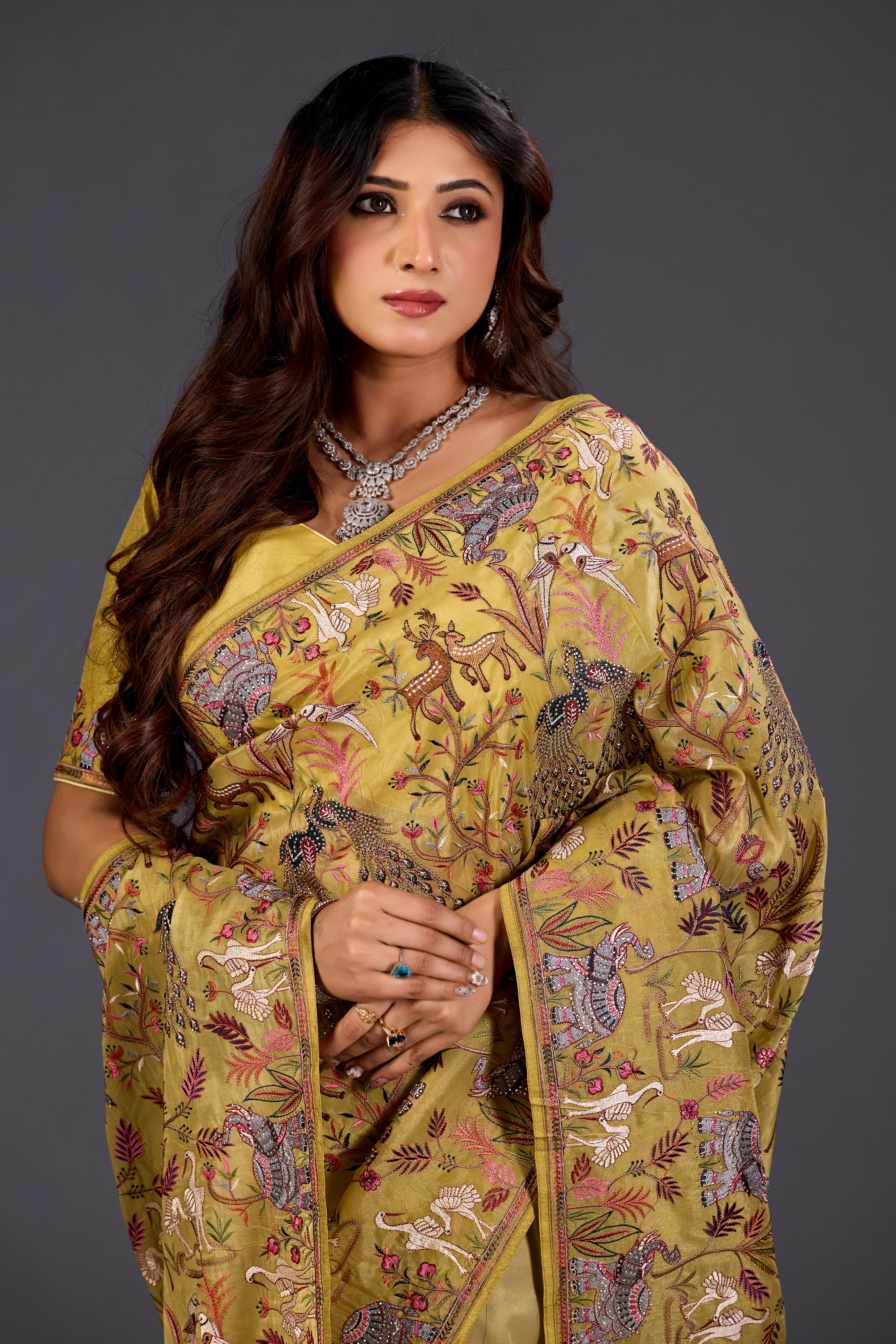 Lime Yellow  Giraffe Woven Saree With Nature Motif Embrodiery