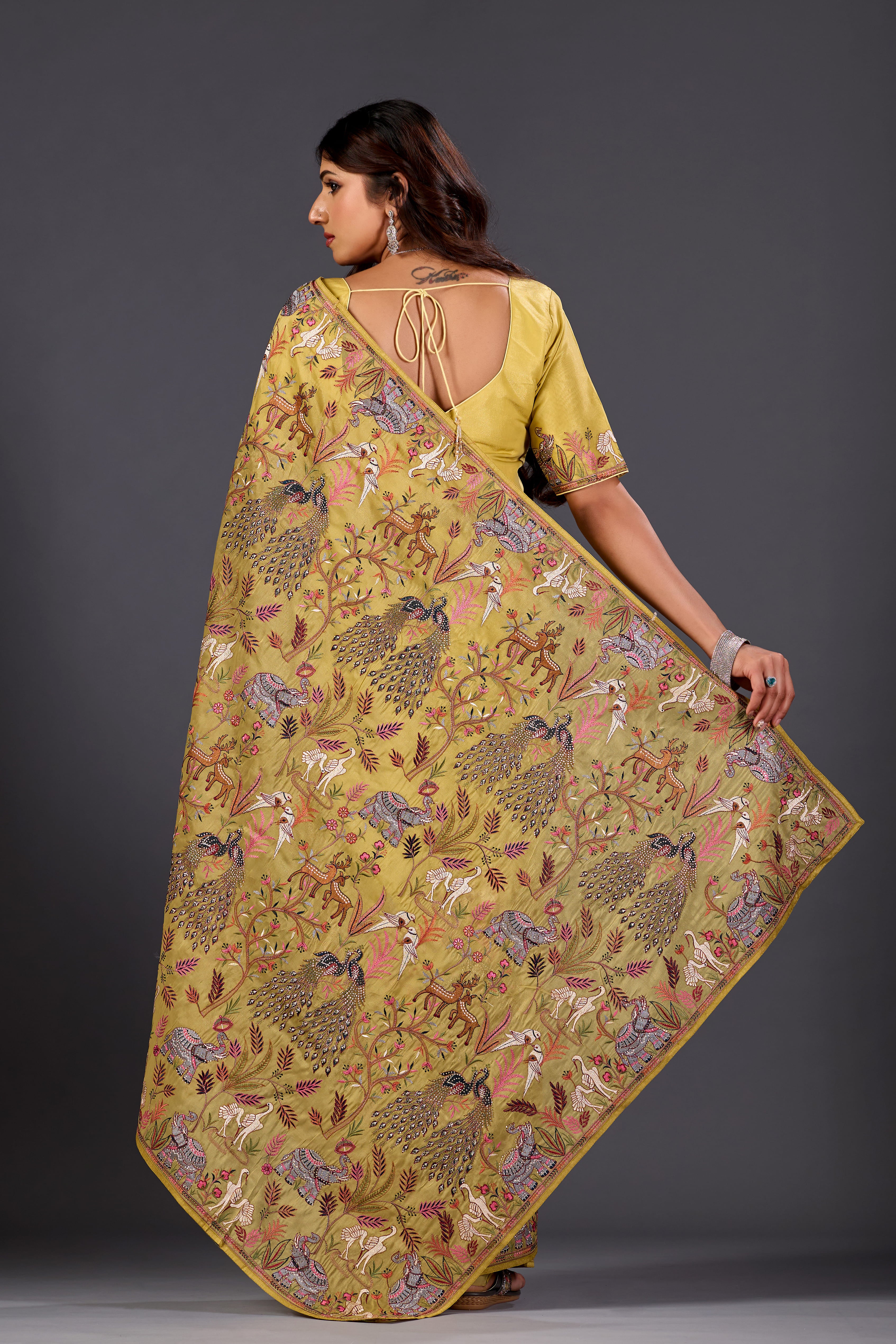Lime Yellow  Giraffe Woven Saree With Nature Motif Embrodiery