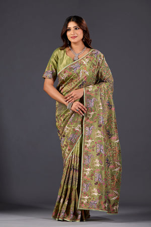 Mehandi Green  Giraffe Woven Saree With Nature Motif Embrodiery
