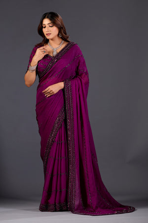 Wine Organza Saree With Stone And Sequin Embroidery  for Party & Reception Wear