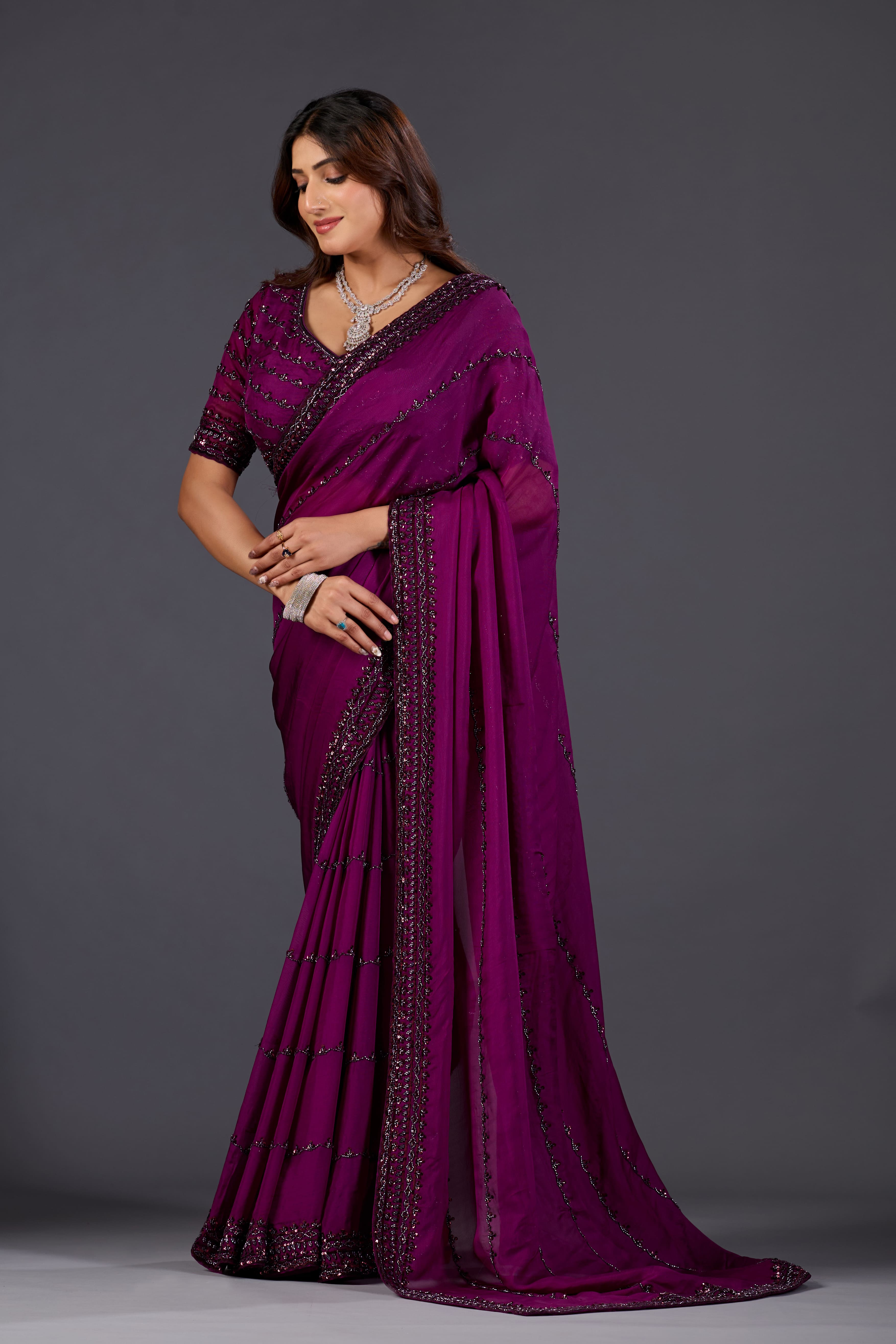 Wine Organza Saree With Stone And Sequin Embroidery  for Party & Reception Wear
