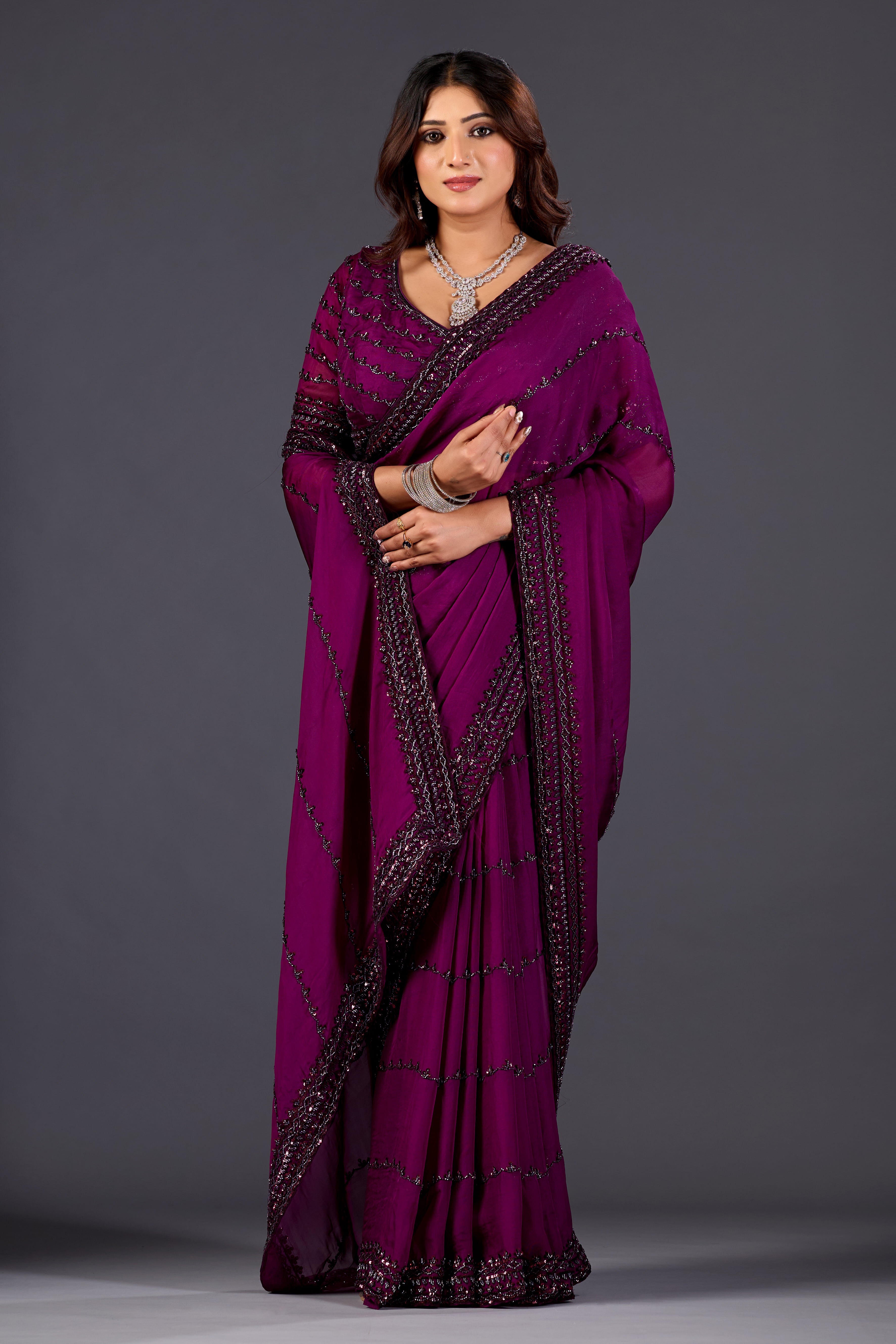 Wine Organza Saree With Stone And Sequin Embroidery  for Party & Reception Wear