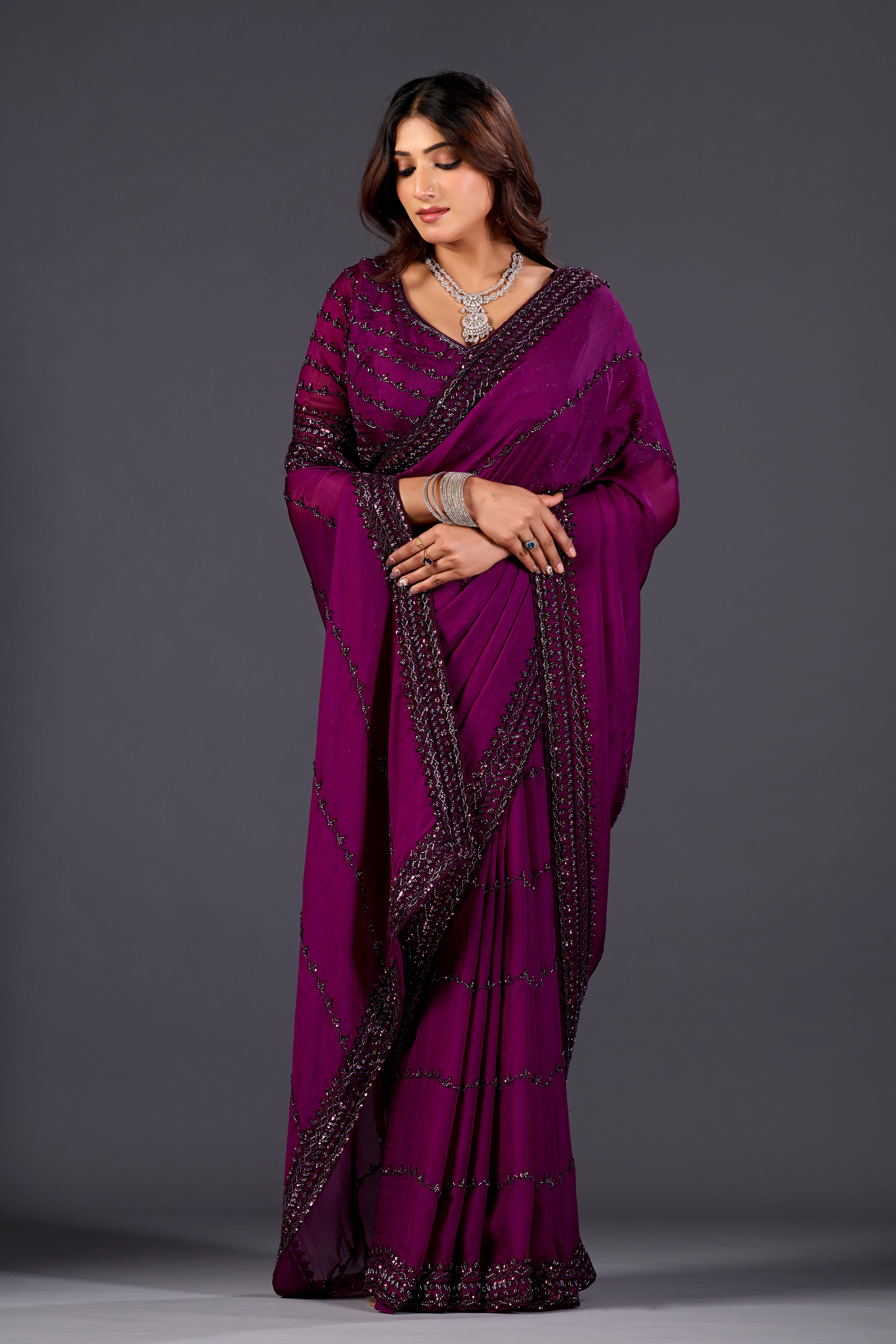 Wine Organza Saree With Stone And Sequin Embroidery  for Party & Reception Wear