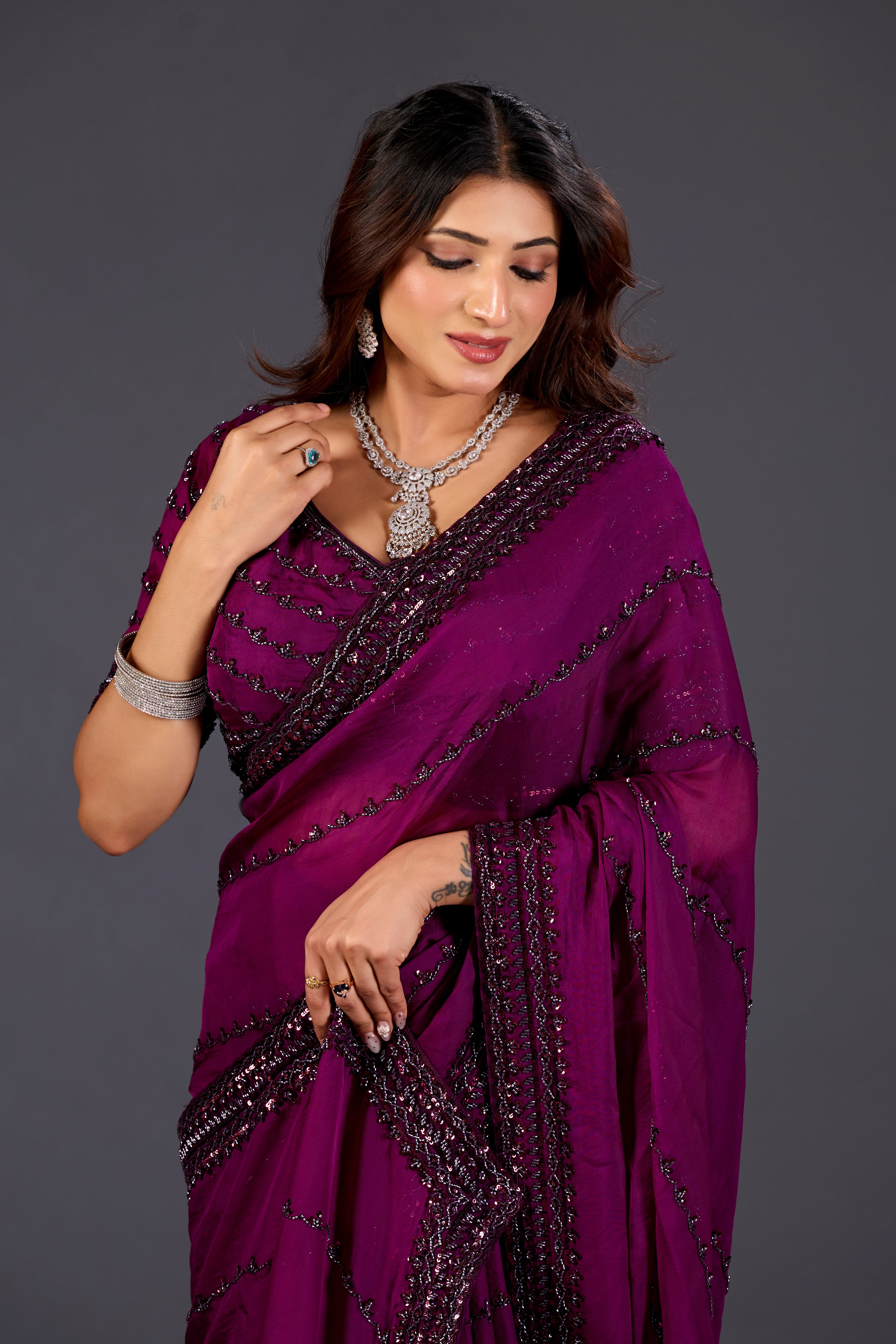 Wine Organza Saree With Stone And Sequin Embroidery  for Party & Reception Wear