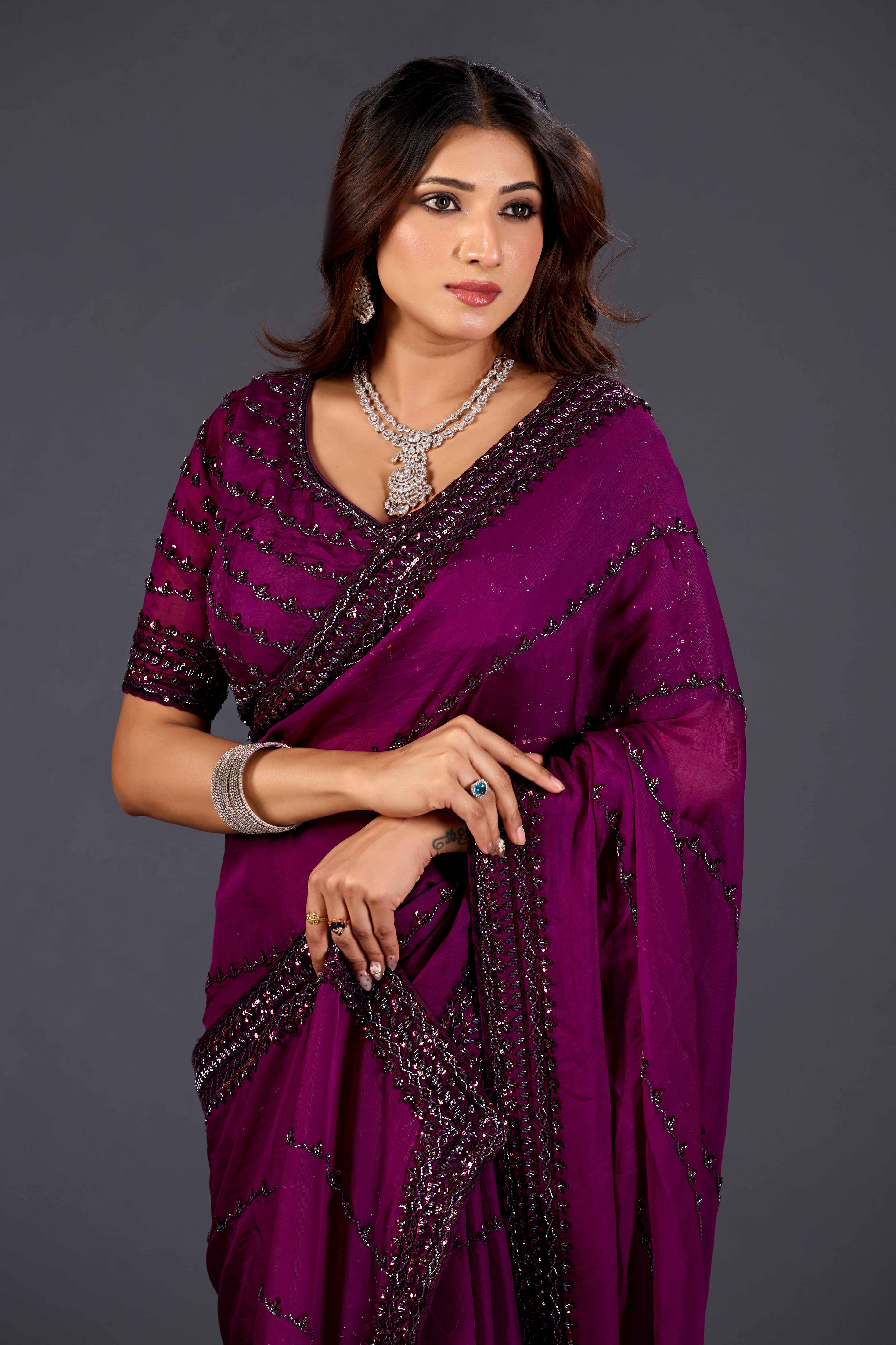 Wine Organza Saree With Stone And Sequin Embroidery  for Party & Reception Wear