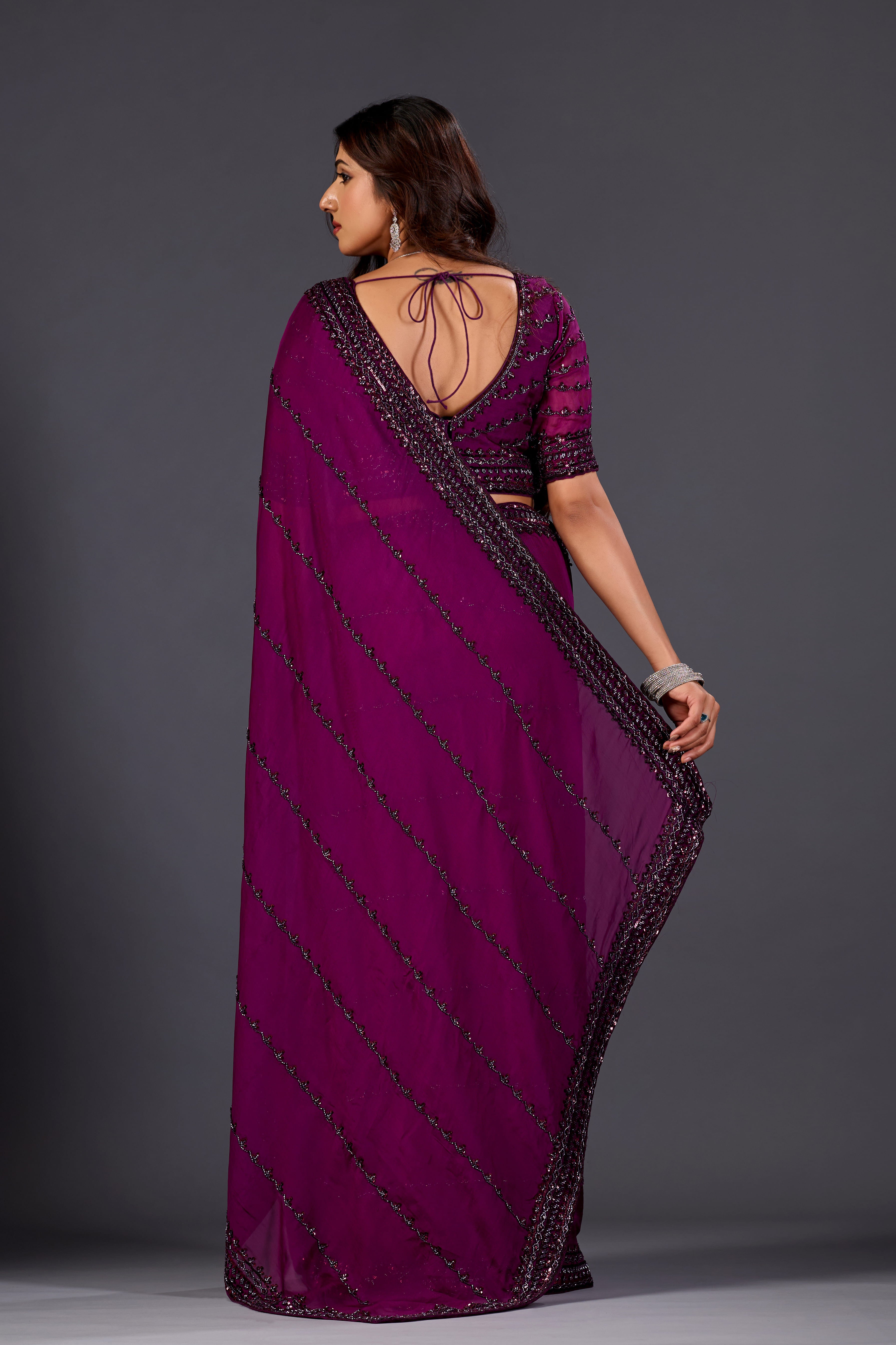 Wine Organza Saree With Stone And Sequin Embroidery  for Party & Reception Wear