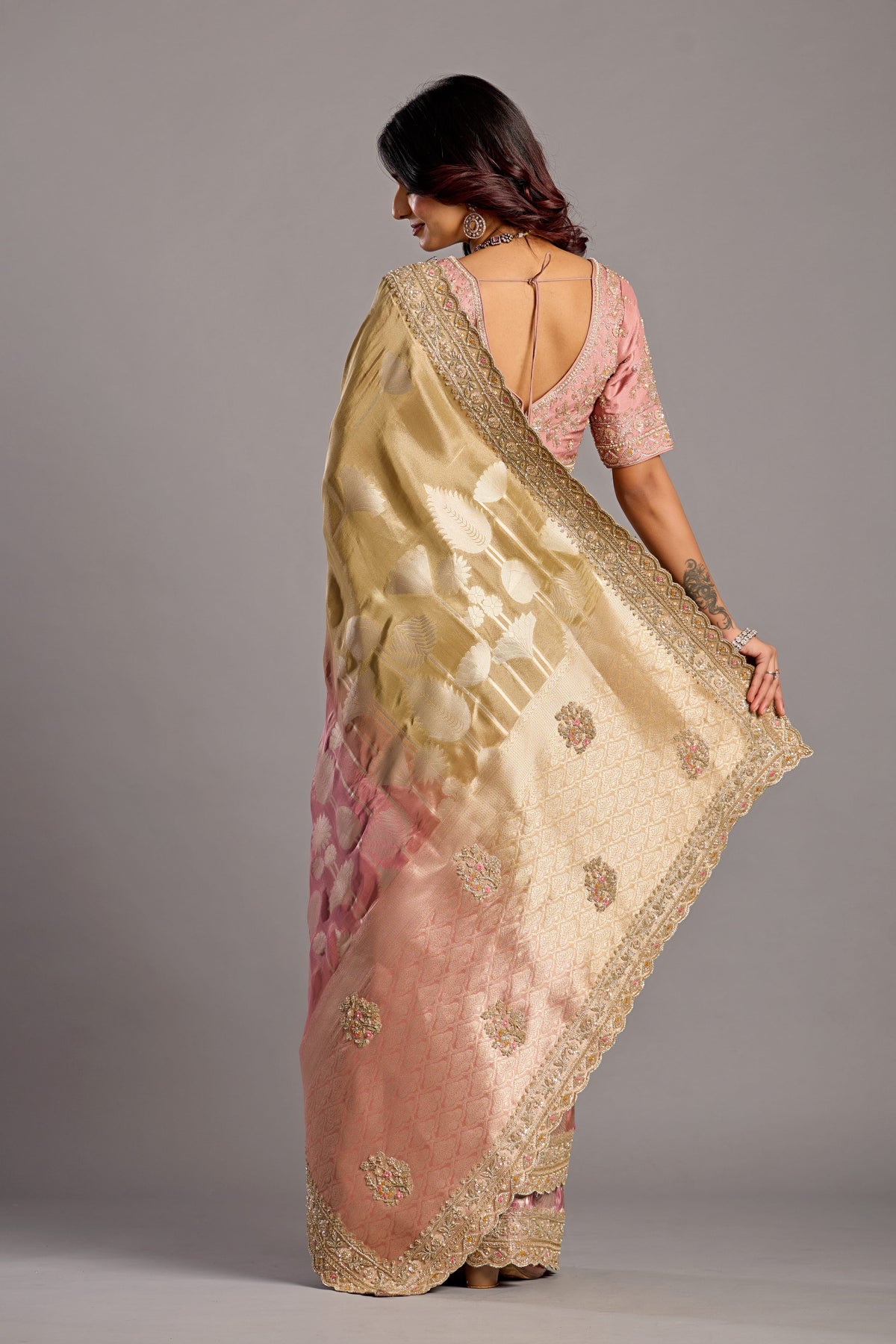 Gold & Dusty Pink Silk Saree with Heavy Zardozi Border