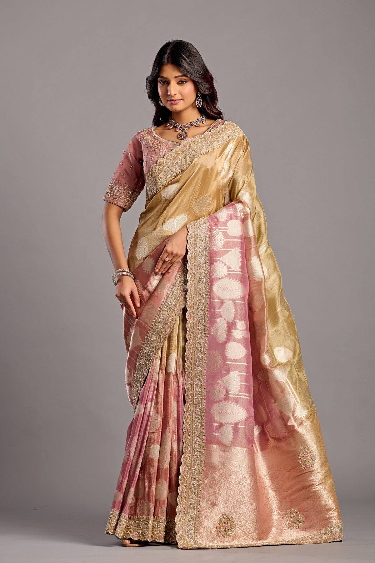 Gold & Dusty Pink Silk Saree with Heavy Zardozi Border