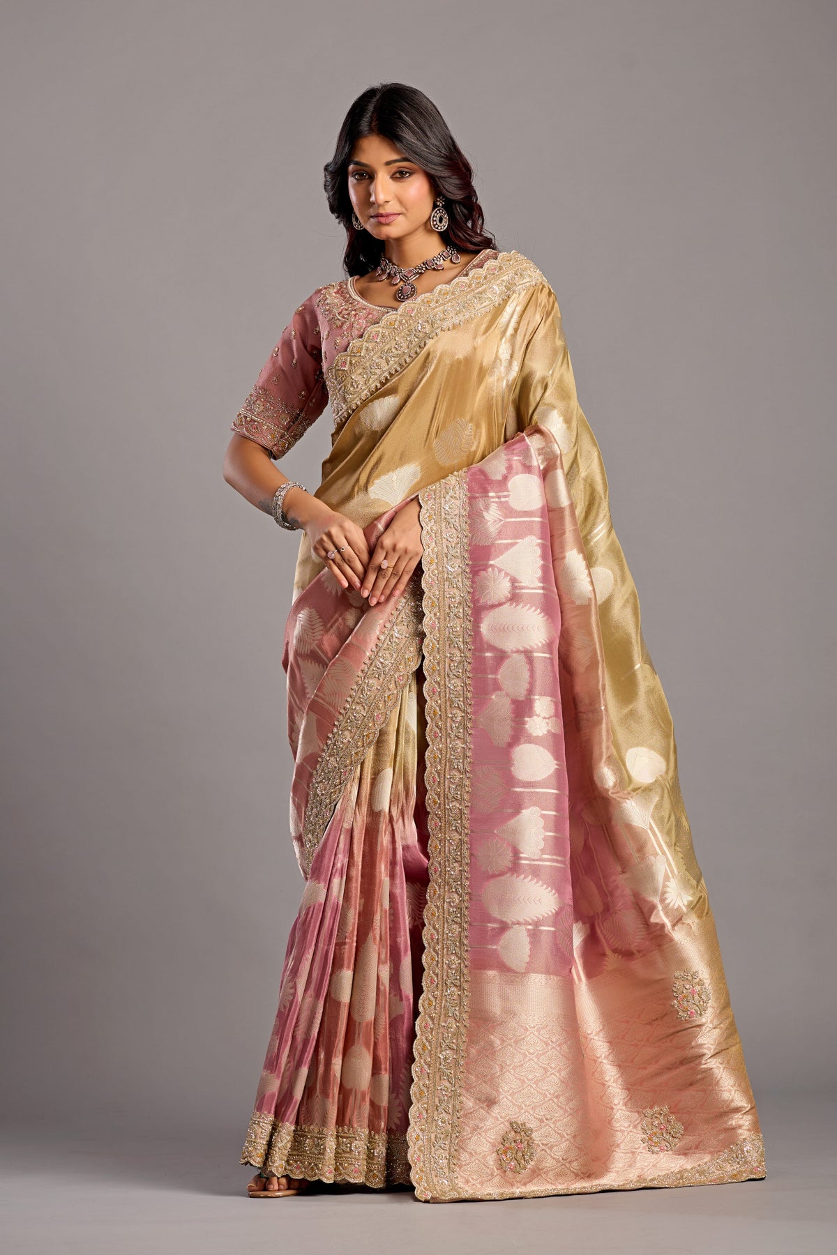 Gold & Dusty Pink Silk Saree with Heavy Zardozi Border