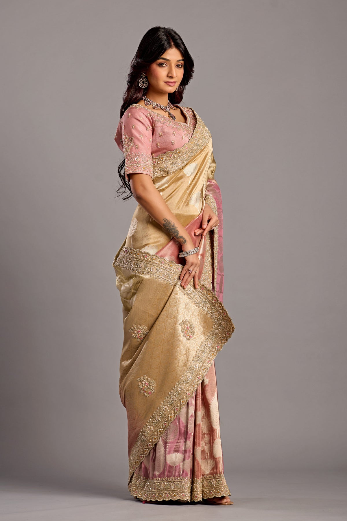 Gold & Dusty Pink Silk Saree with Heavy Zardozi Border