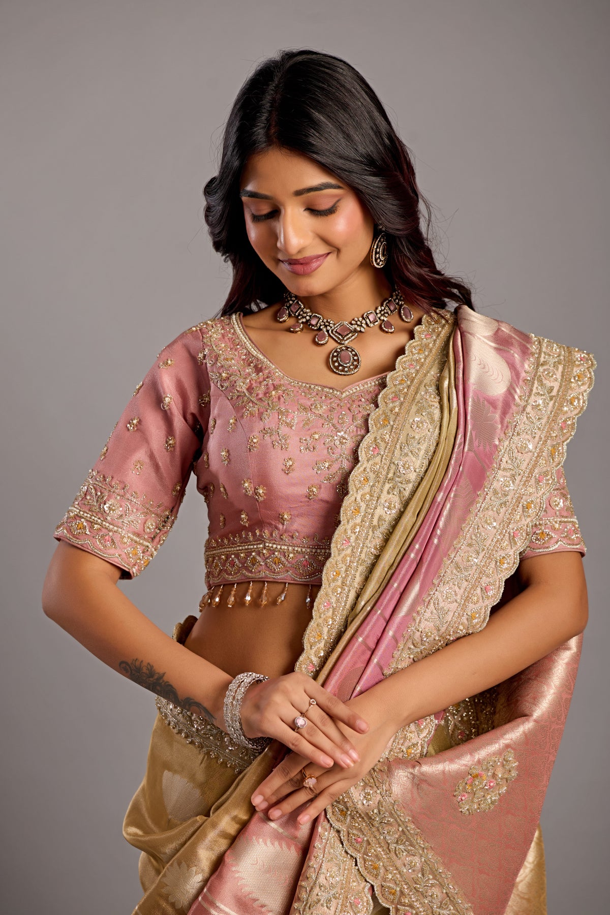 Gold & Dusty Pink Silk Saree with Heavy Zardozi Border